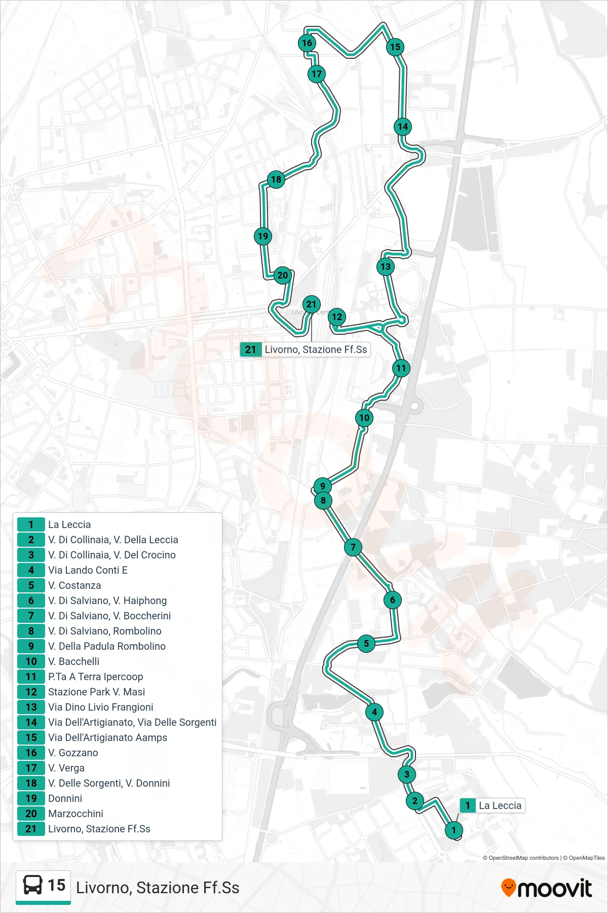 Linea 15  tram (Livorno, Stazione Ff.Ss) - Percorsi e fermate sulla mappa