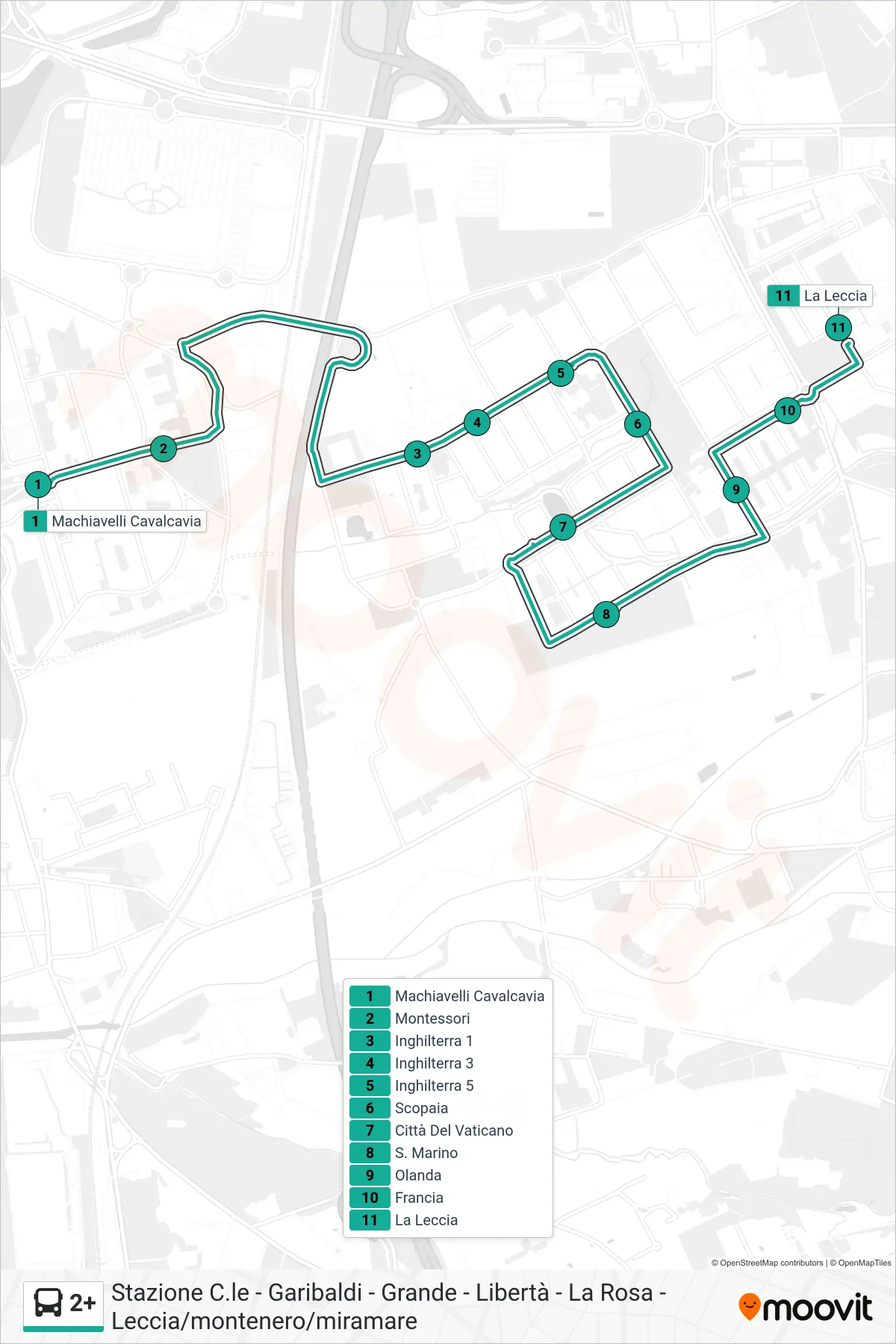Linea 2+  tram (La Leccia) - Percorsi e fermate sulla mappa