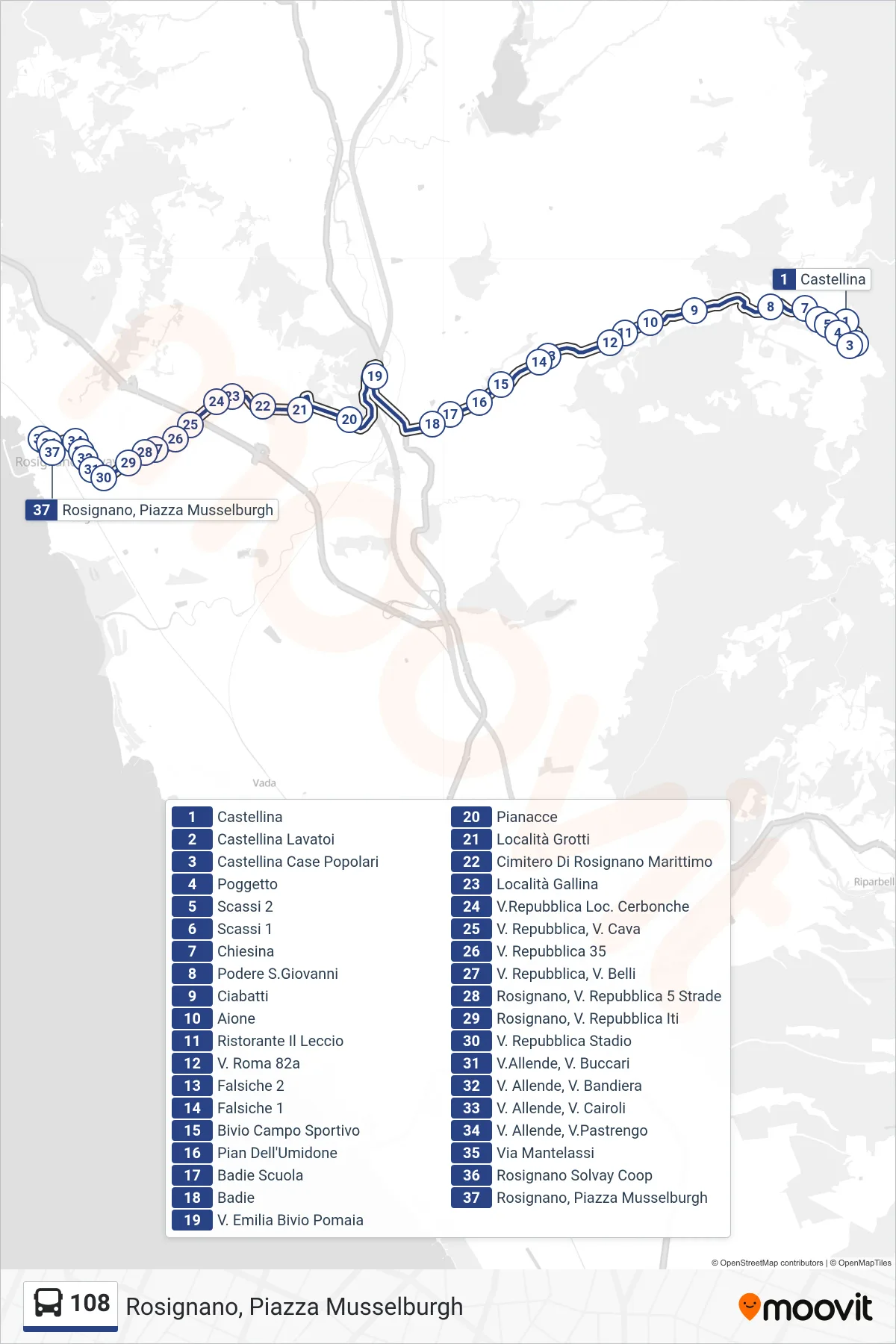 Linea 108 tram (Rosignano, Piazza Musselburgh) - Percorsi e fermate sulla mappa