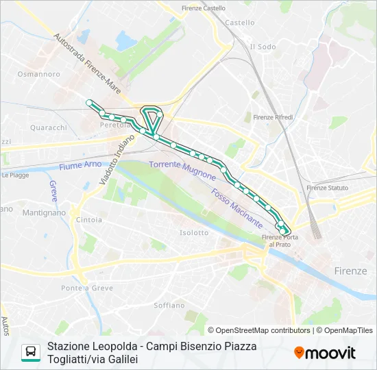 Percorso linea  STAZIONE LEOPOLDA - CAMPI BISENZIO PIAZZA TOGLIATTI/VIA GALILEI