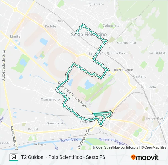 Percorso linea bus T2 GUIDONI - POLO SCIENTIFICO - SESTO FS