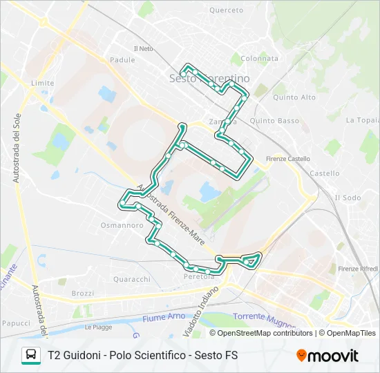 Percorso linea bus T2 GUIDONI - POLO SCIENTIFICO - SESTO FS