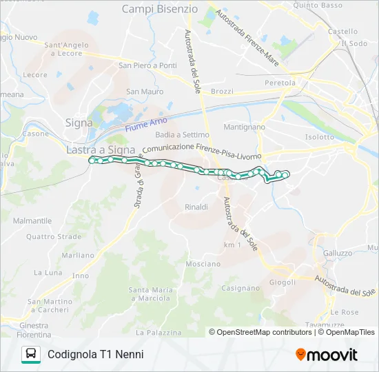 Percorso linea bus T1 NENNI - LASTRA A SIGNA FS/SIGNA/MONTELUPO