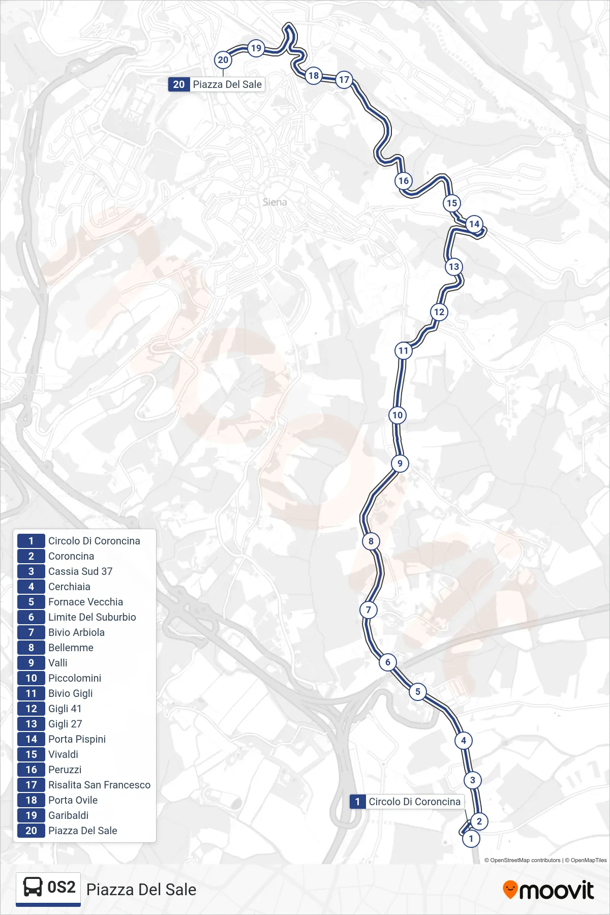 Linea 0S2 bus (Piazza Del Sale) - Percorsi e fermate sulla mappa