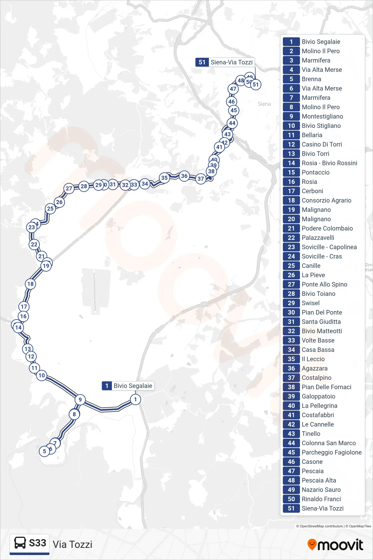 Linea S33  tram (Via Tozzi) - Percorsi e fermate sulla mappa