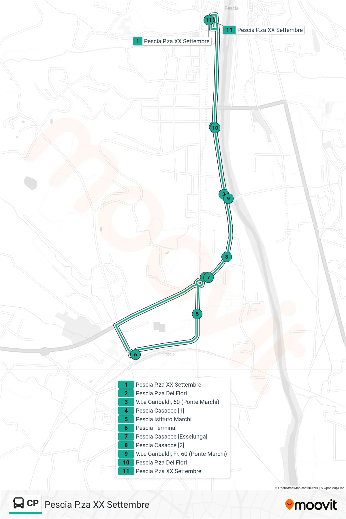 Linea CP tram (Pescia P.za XX Settembre) - Percorsi e fermate sulla mappa