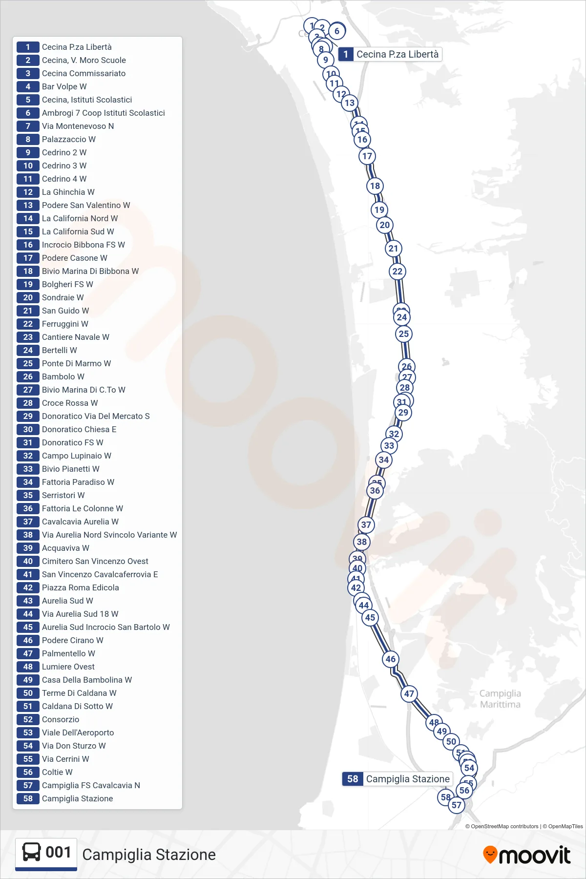 Linea 001 bus (Campiglia Stazione) - Percorsi e fermate sulla mappa