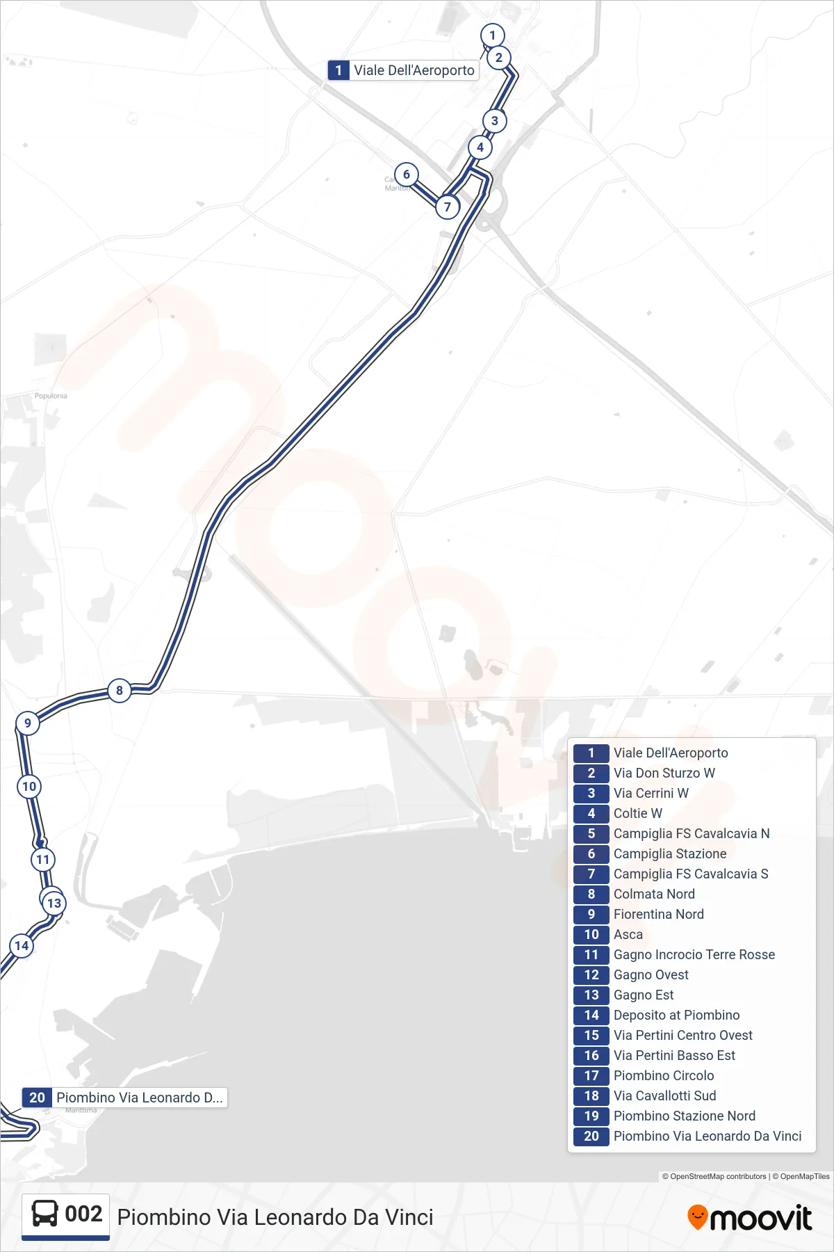 Linea 002  bus (Piombino Via Leonardo Da Vinci) - Percorsi e fermate sulla mappa