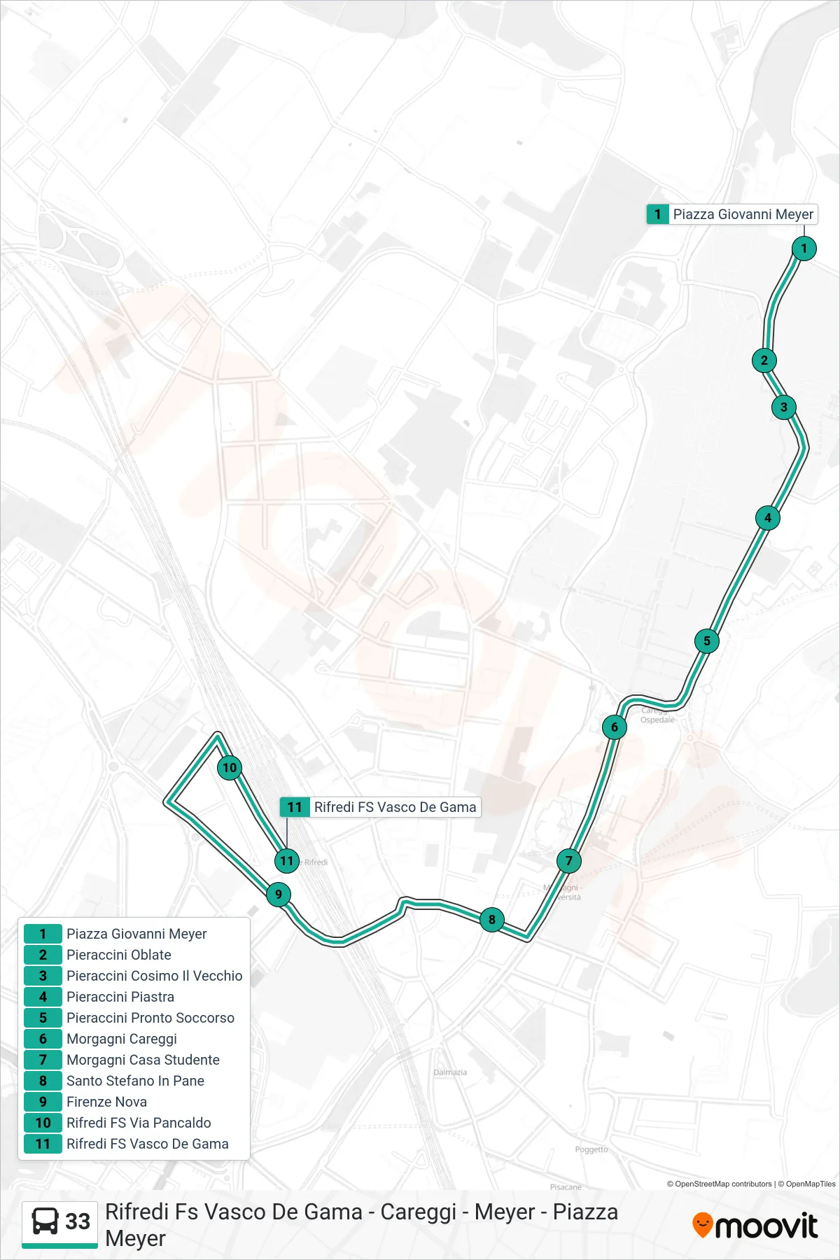 Linea 33  tram (Rifredi Fs Vasco De Gama) - Percorsi e fermate sulla mappa