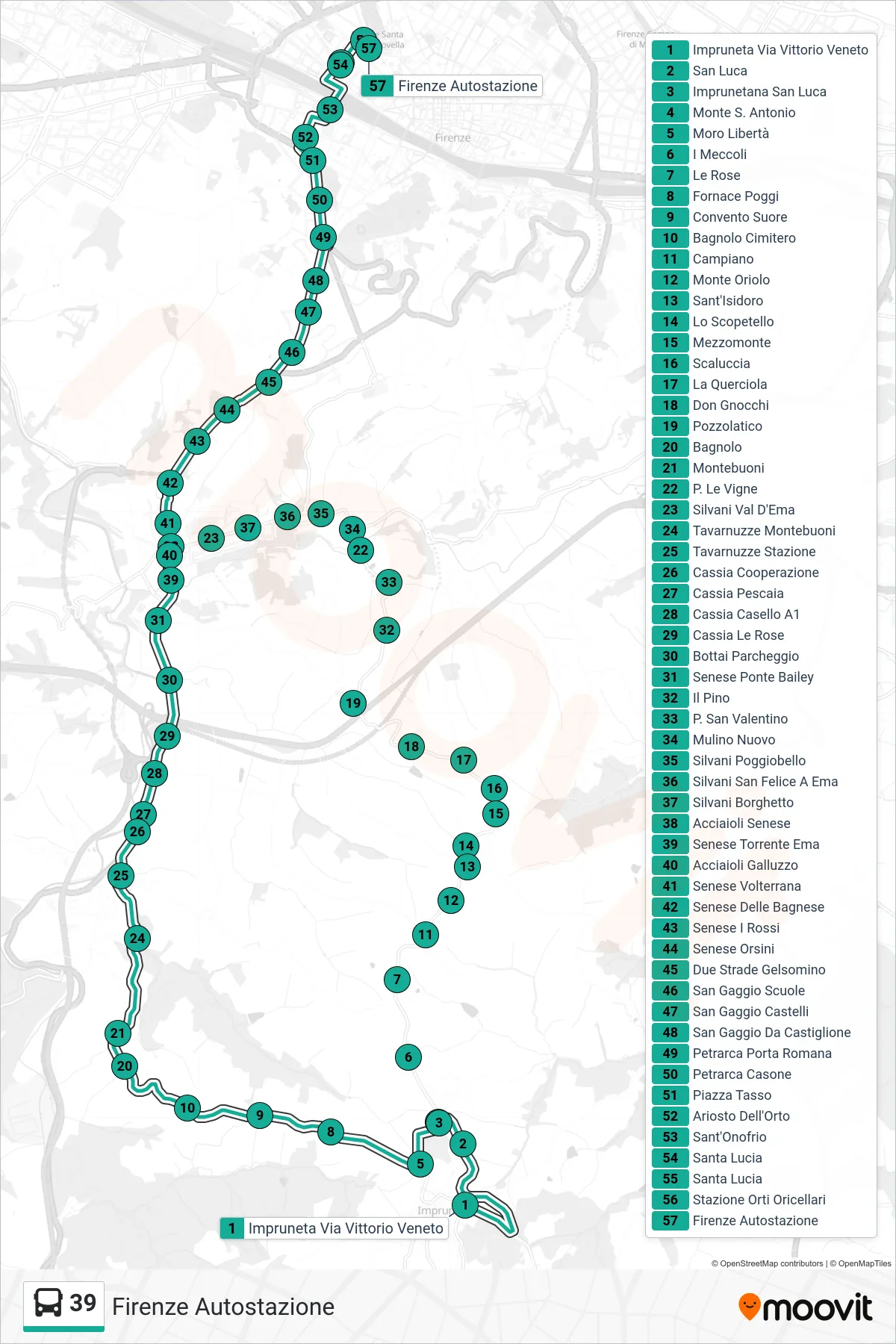 Linea 39  tram (Firenze Autostazione) - Percorsi e fermate sulla mappa