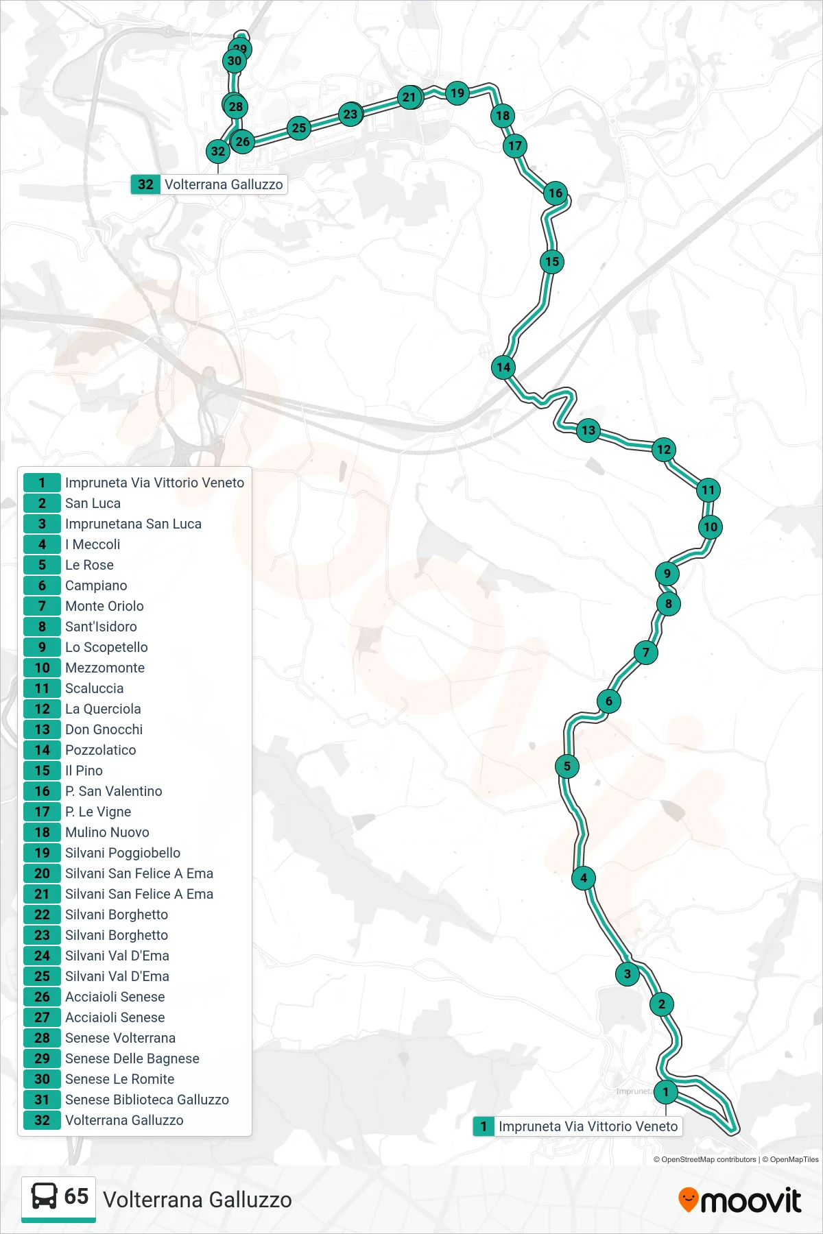 Linea 65 tram (Volterrana Galluzzo) - Percorsi e fermate sulla mappa