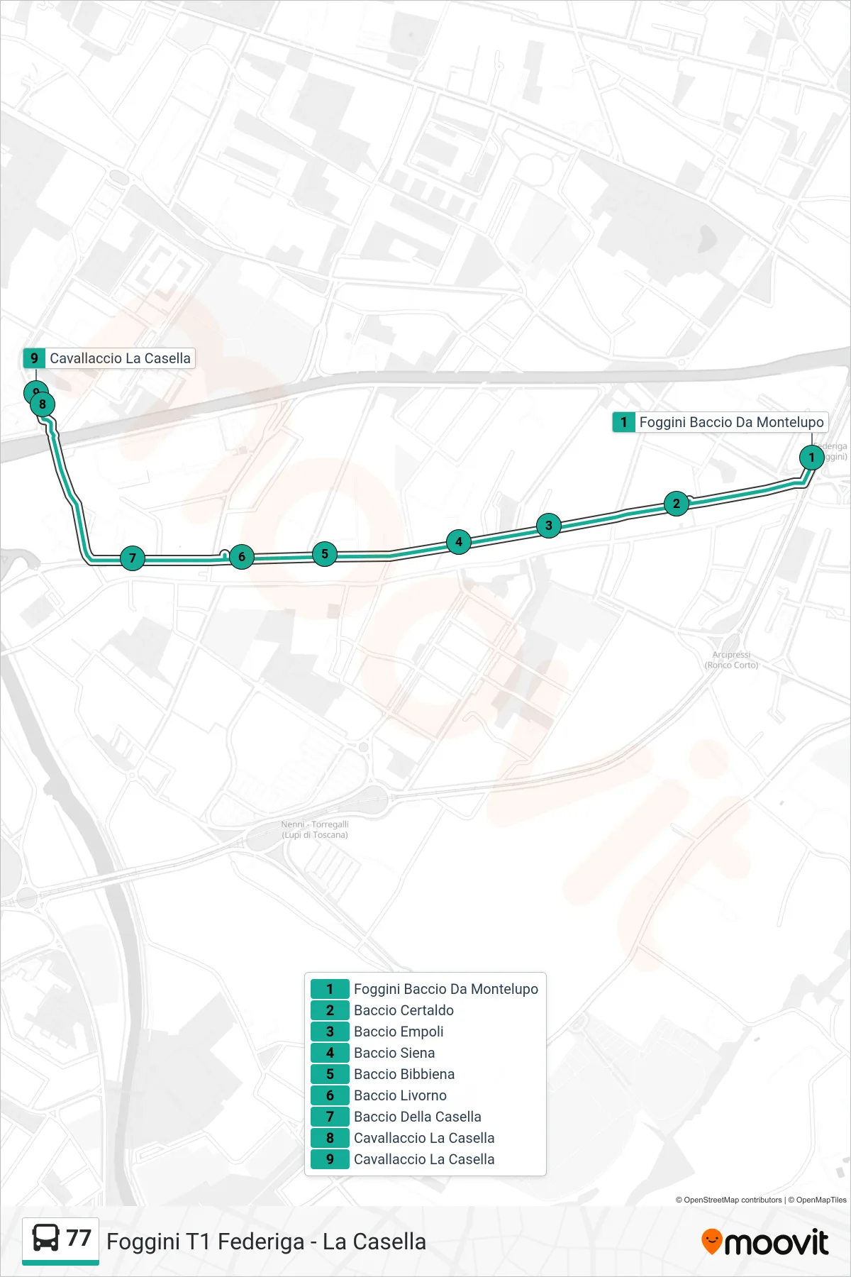 Linea 77 tram (Cavallaccio La Casella) - Percorsi e fermate sulla mappa