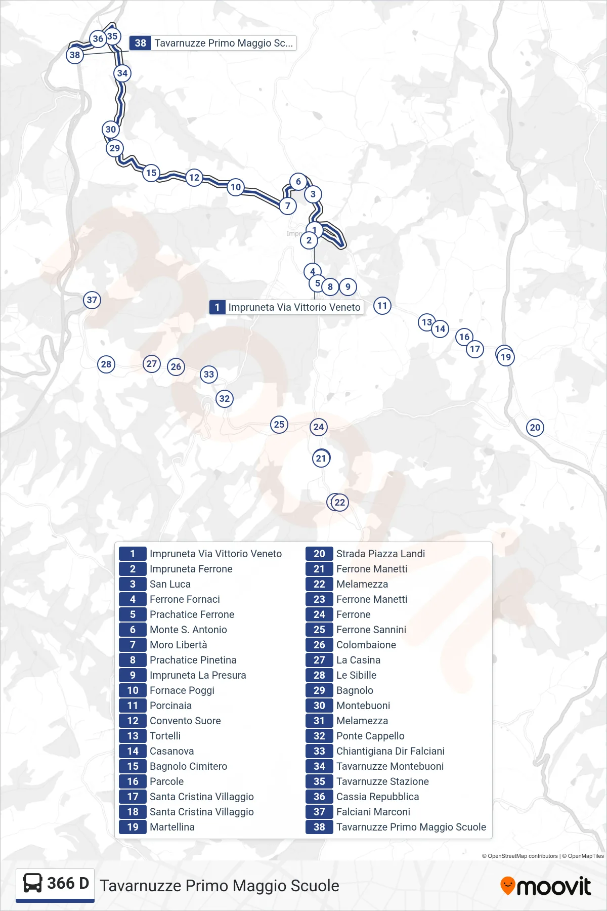 Linea 366 D  tram (Tavarnuzze Primo Maggio Scuole) - Percorsi e fermate sulla mappa