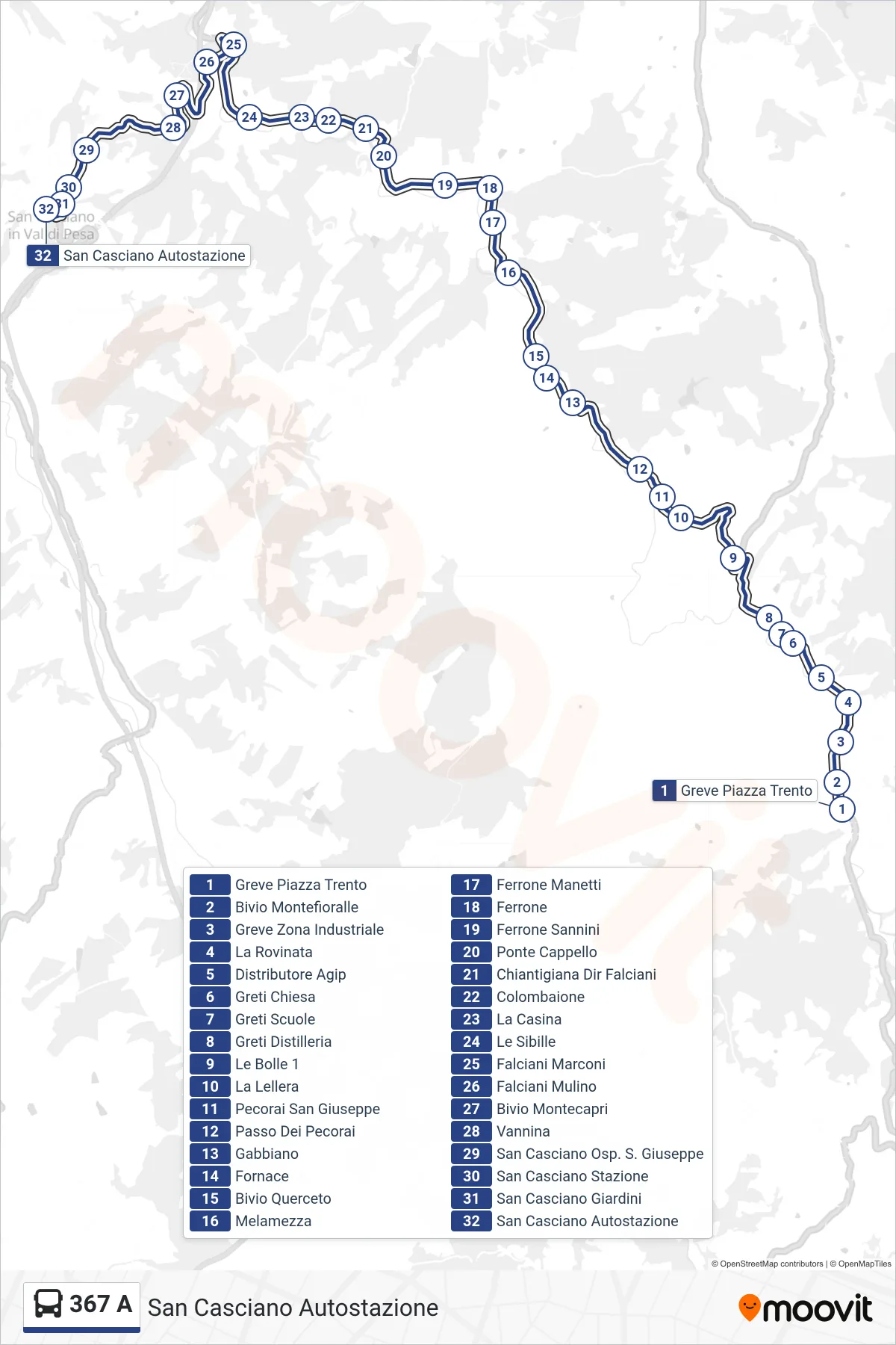 Linea 367 A  tram (San Casciano Autostazione) - Percorsi e fermate sulla mappa