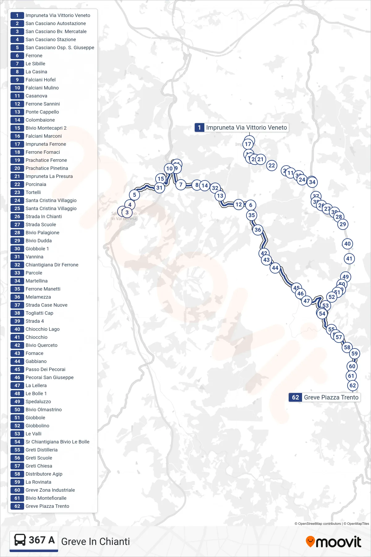 Linea 367 A tram (Greve In Chianti) - Percorsi e fermate sulla mappa