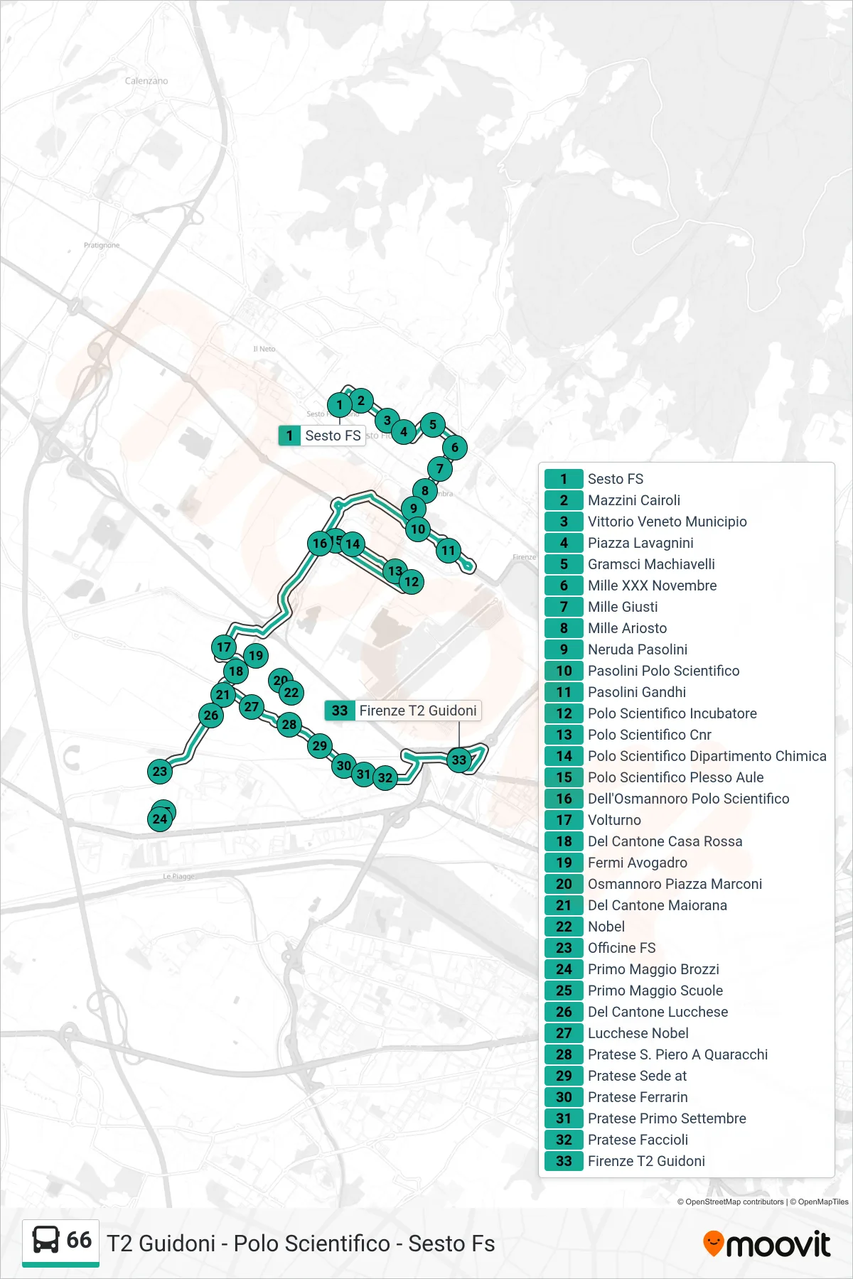 Linea 66  tram (Firenze T2 Guidoni) - Percorsi e fermate sulla mappa