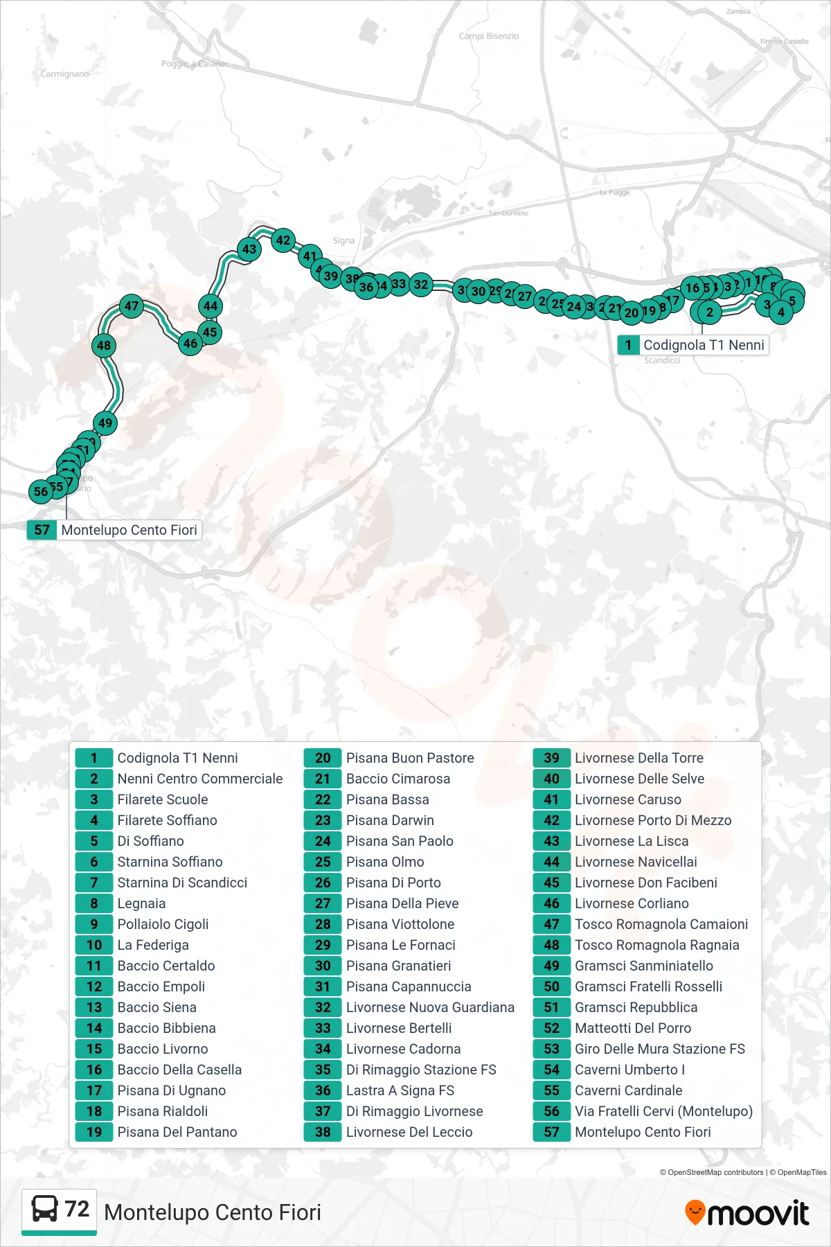 Linea 72 tram (Montelupo Cento Fiori) - Percorsi e fermate sulla mappa