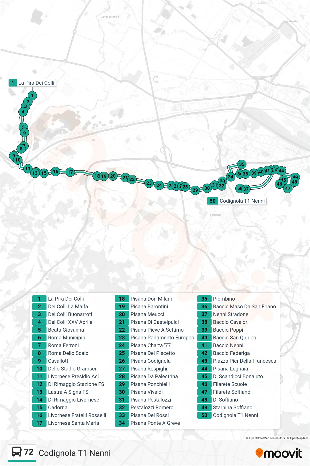 Linea 72  tram (Codignola T1 Nenni) - Percorsi e fermate sulla mappa