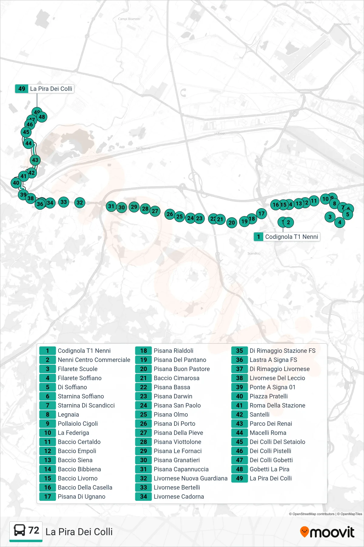 Linea 72  tram (La Pira Dei Colli) - Percorsi e fermate sulla mappa