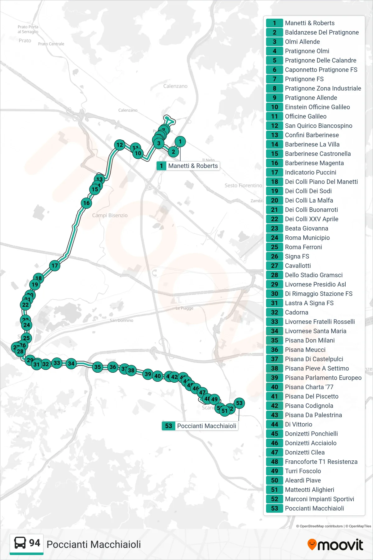 Linea 94 tram (Poccianti Macchiaioli) - Percorsi e fermate sulla mappa