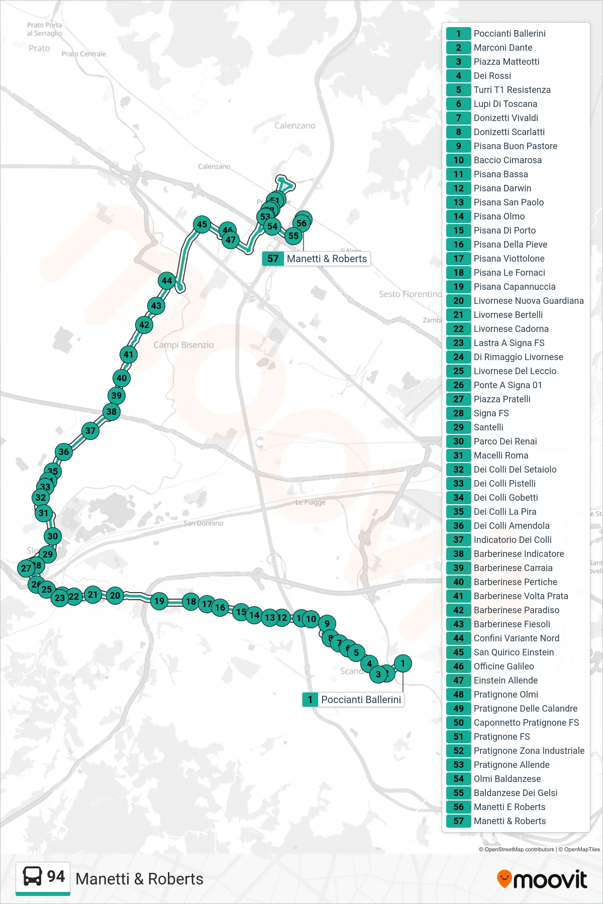 Linea 94 tram (Manetti & Roberts) - Percorsi e fermate sulla mappa