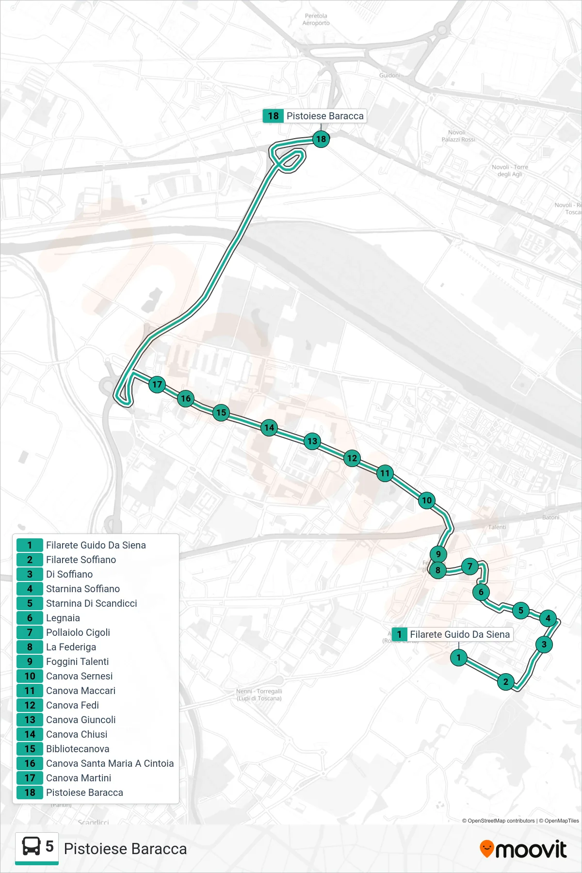 Linea 5 bus (Pistoiese Baracca) - Percorsi e fermate sulla mappa