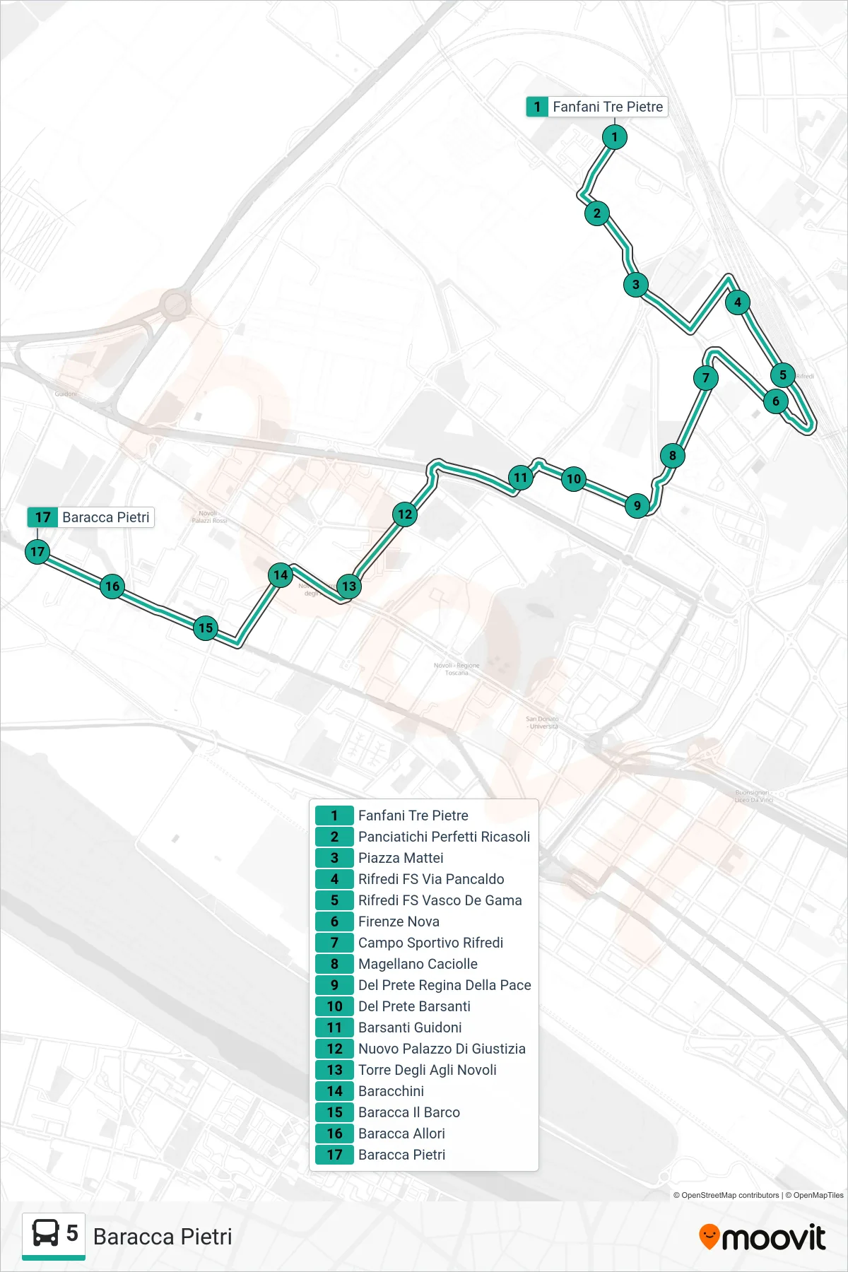Linea 5  bus (Baracca Pietri) - Percorsi e fermate sulla mappa