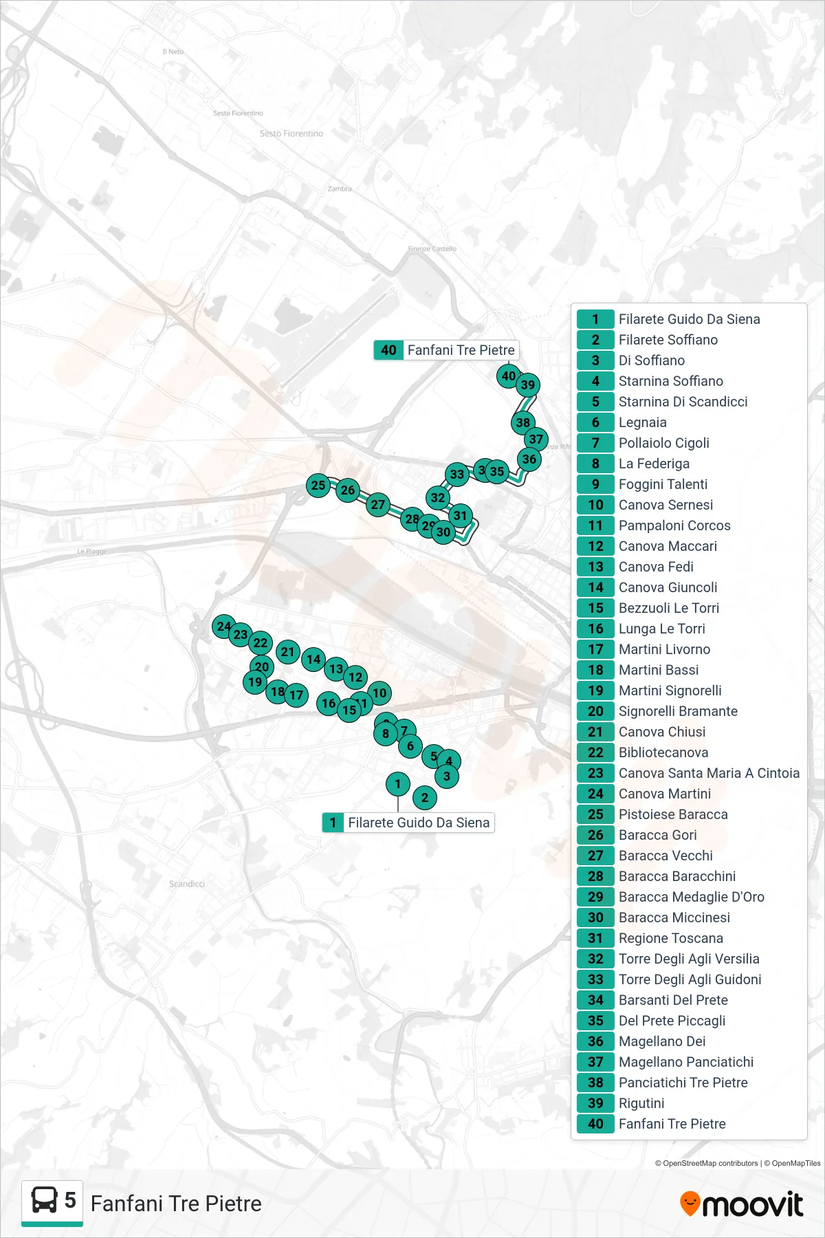Linea 5 bus (Fanfani Tre Pietre) - Percorsi e fermate sulla mappa