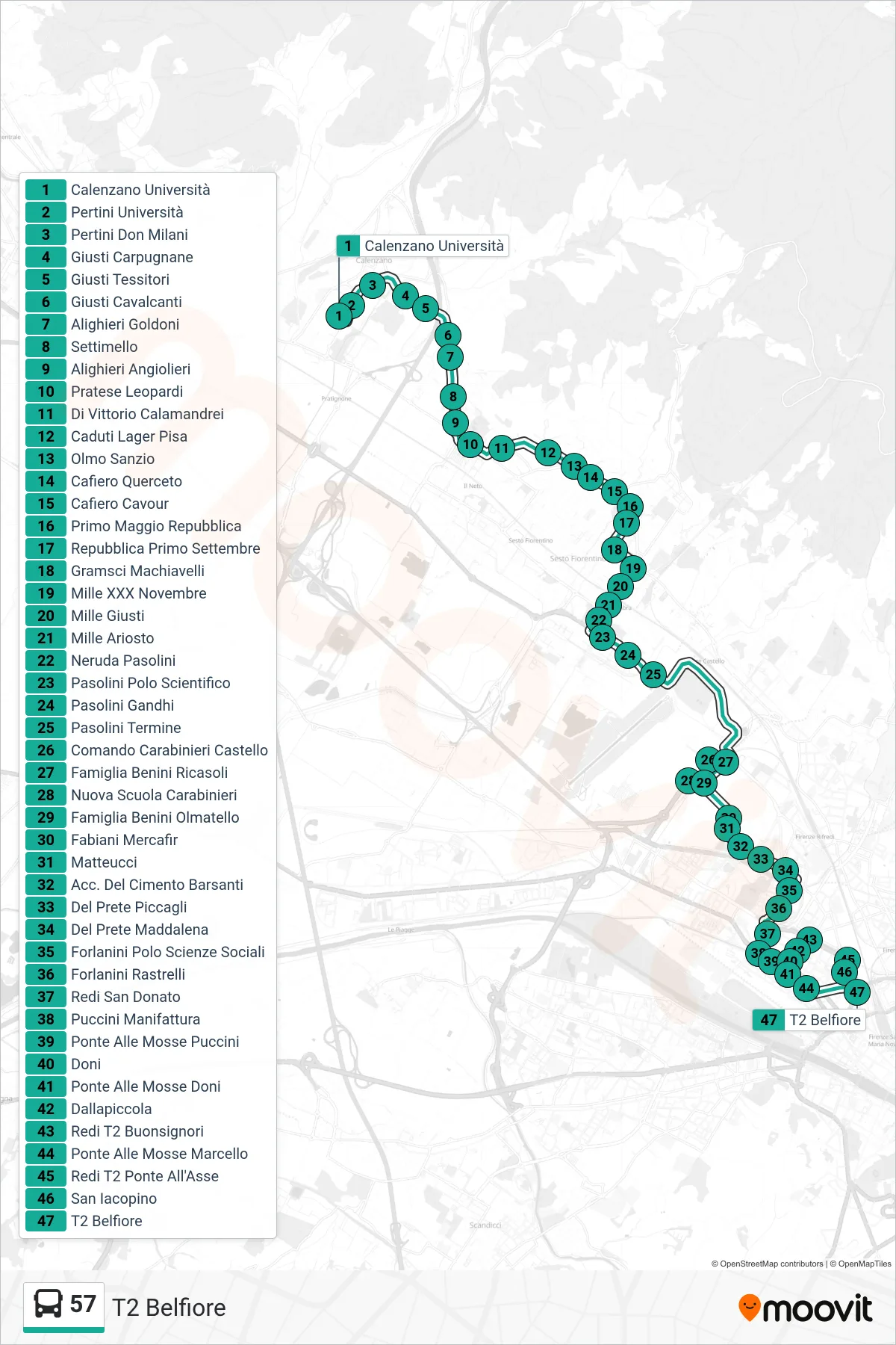 Linea 57 bus (T2 Belfiore) - Percorsi e fermate sulla mappa