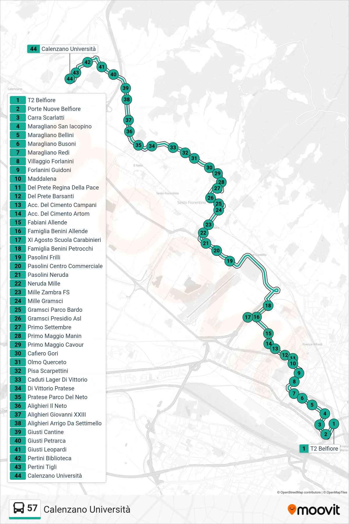 Linea 57  bus (Calenzano Università) - Percorsi e fermate sulla mappa