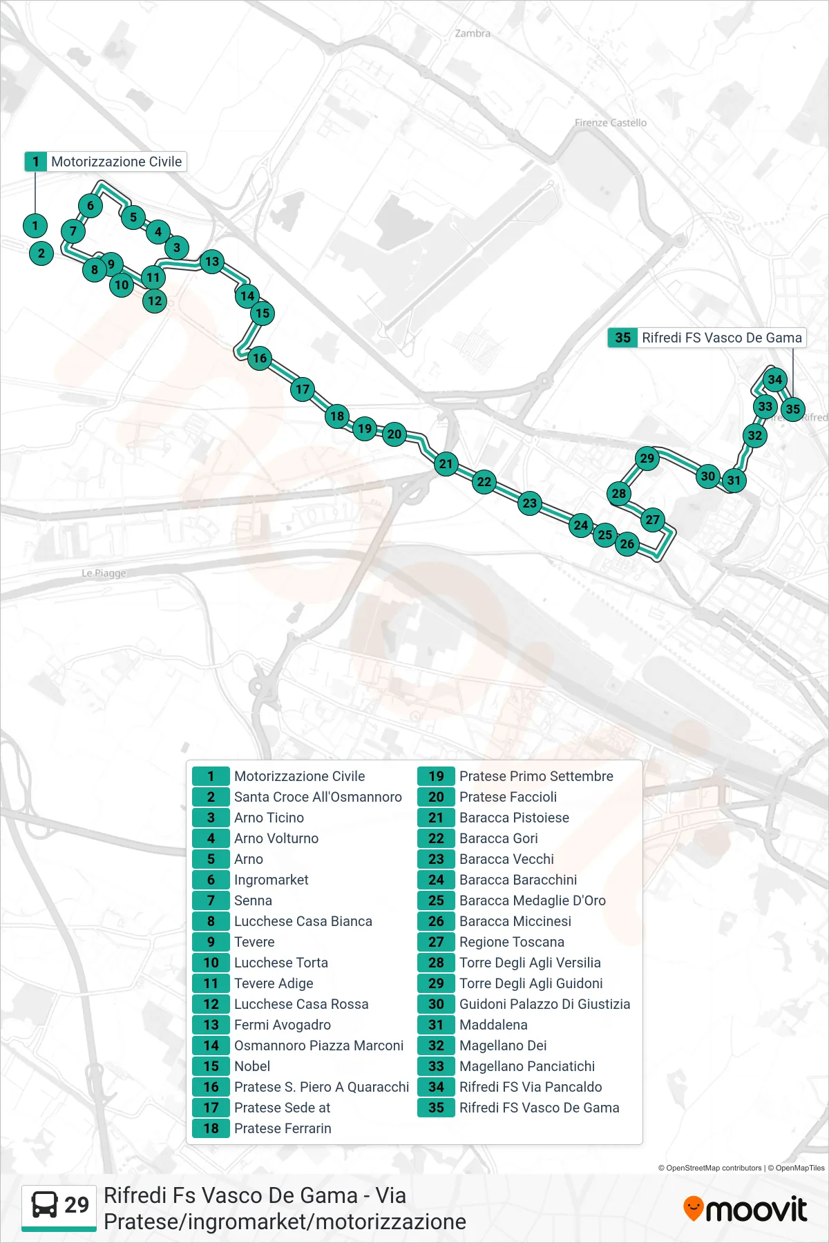 Linea 29 bus (Rifredi Fs Vasco De Gama) - Percorsi e fermate sulla mappa