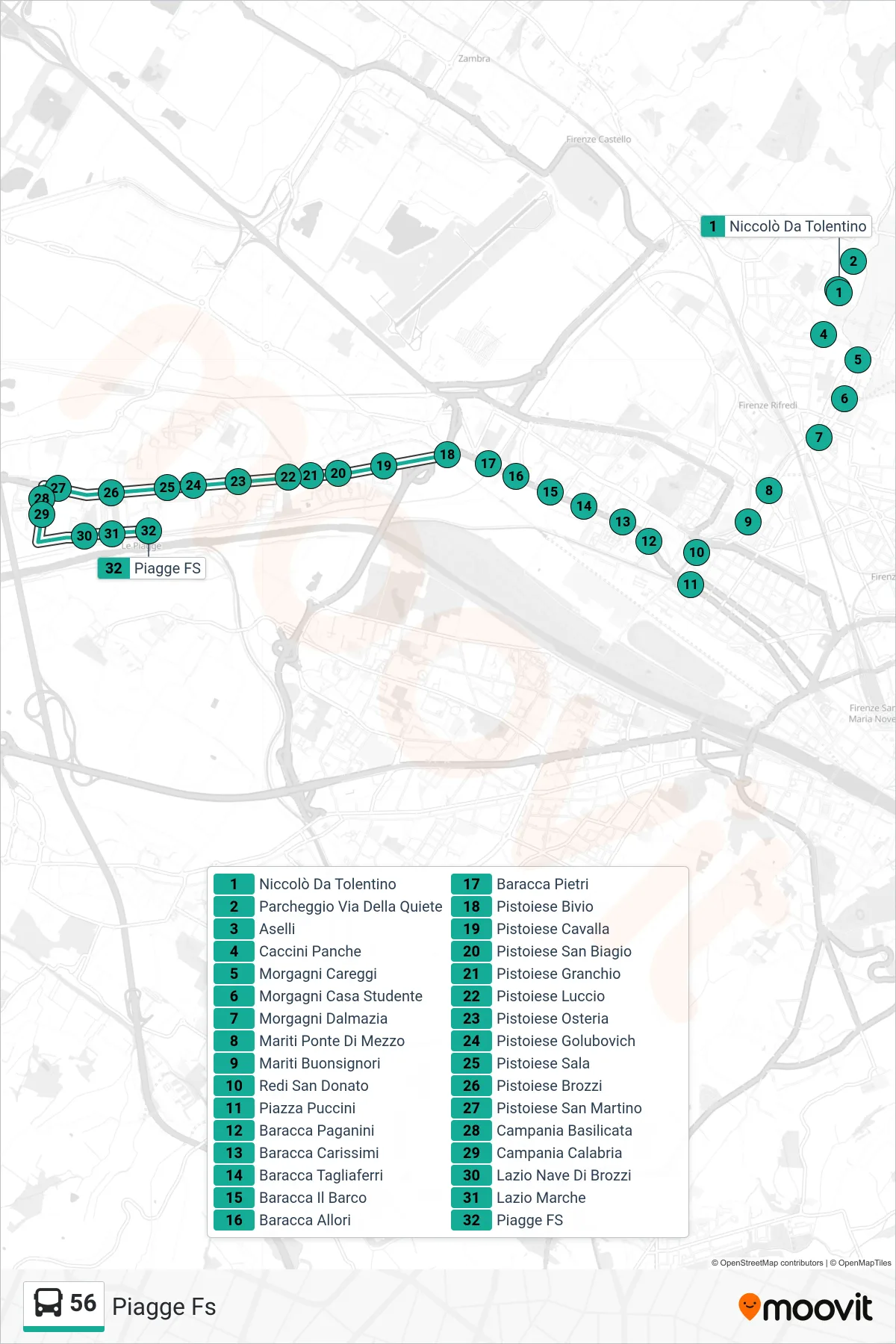 Linea 56 bus (Piagge Fs) - Percorsi e fermate sulla mappa