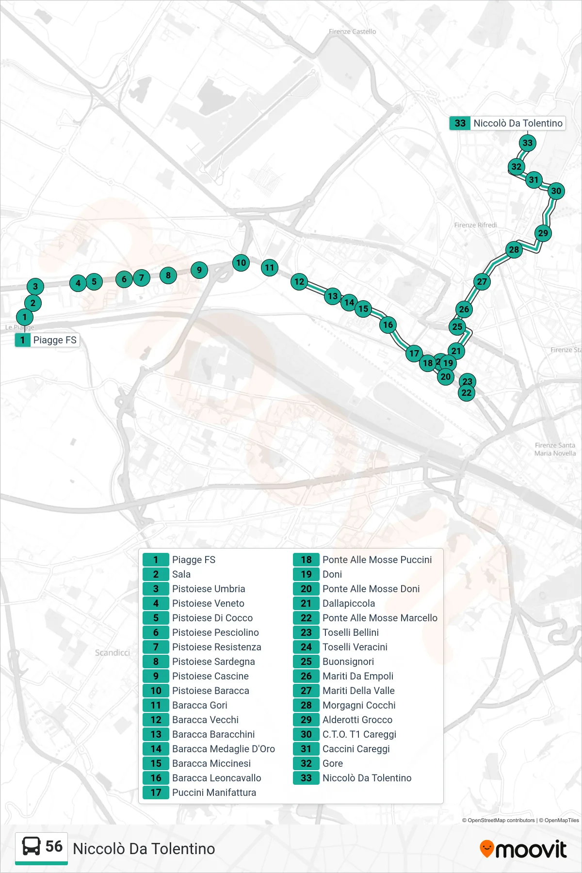 Linea 56 bus (Niccolò Da Tolentino) - Percorsi e fermate sulla mappa