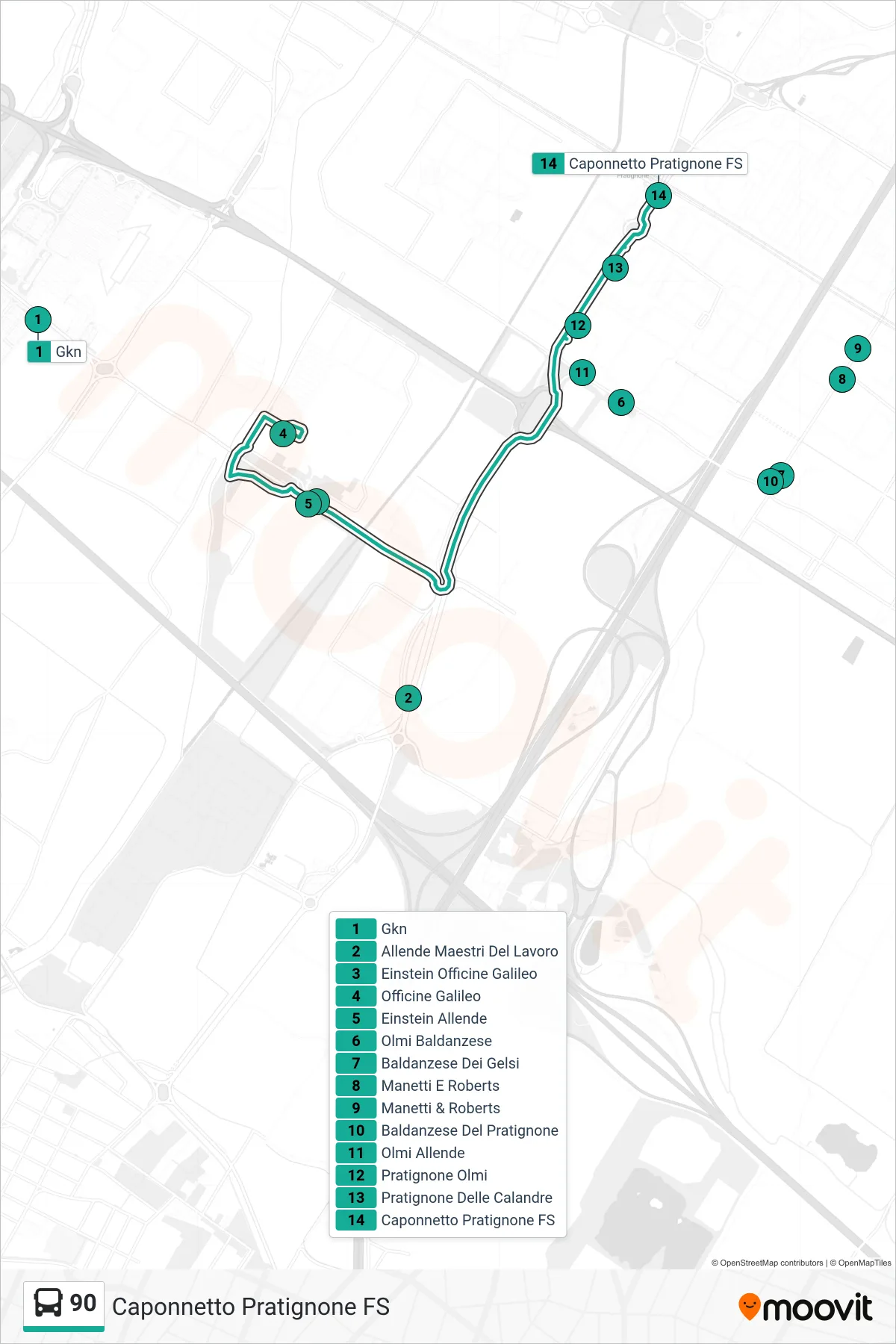 Linea 90  tram (Caponnetto Pratignone FS) - Percorsi e fermate sulla mappa