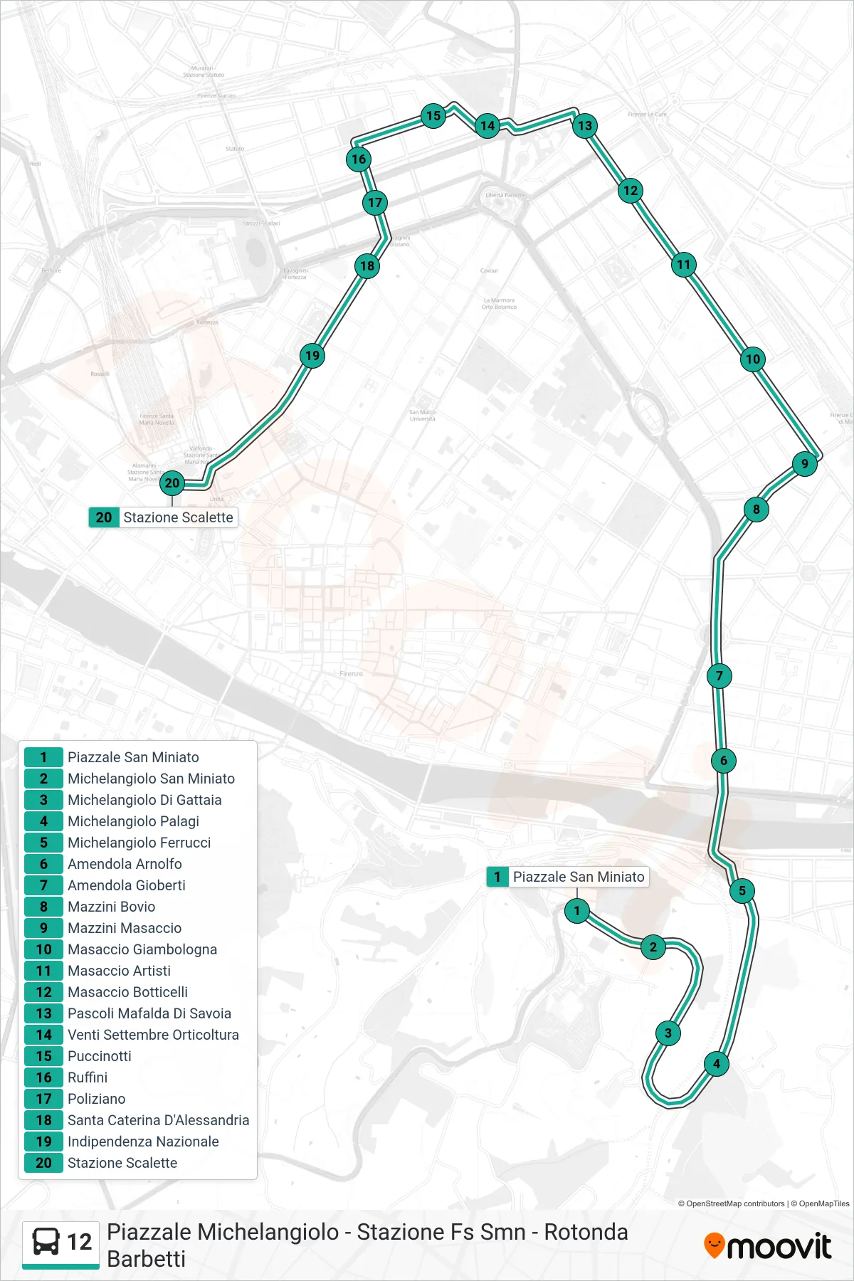 Linea 12 bus (Stazione Scalette) - Percorsi e fermate sulla mappa