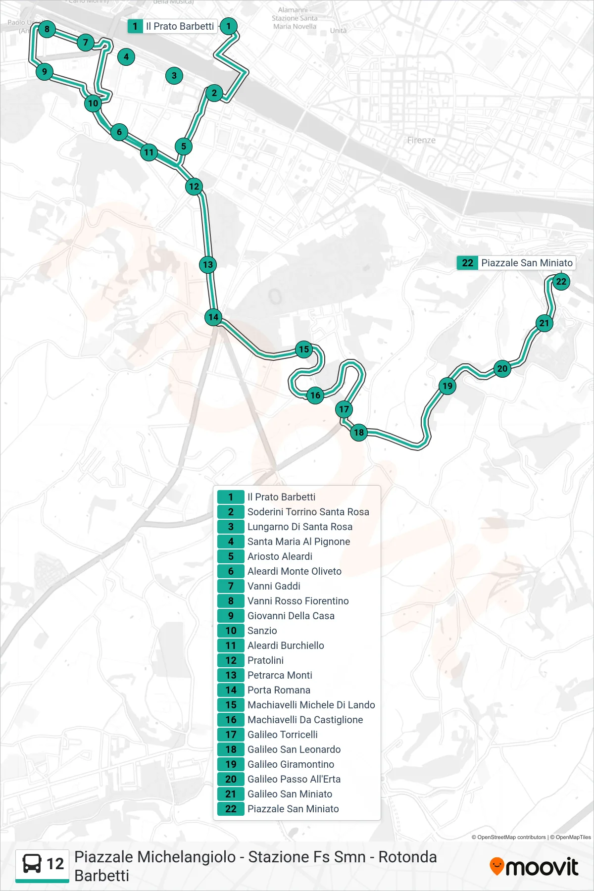 Linea 12  bus (Piazzale San Miniato) - Percorsi e fermate sulla mappa
