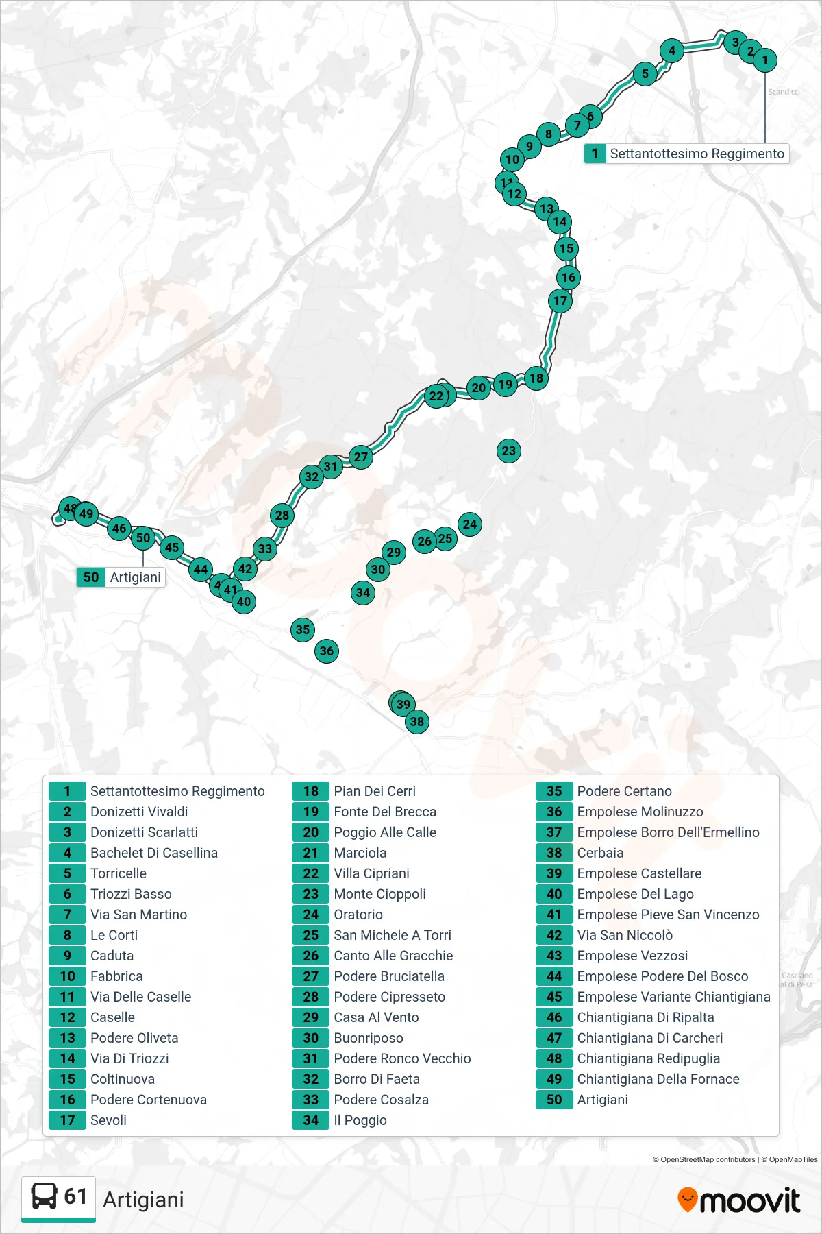 Linea 61  tram (Artigiani) - Percorsi e fermate sulla mappa