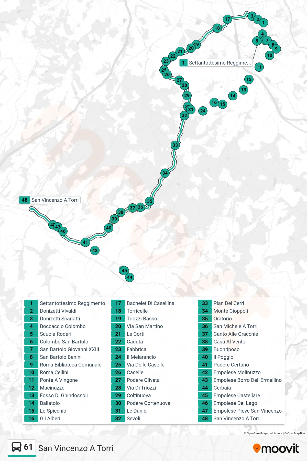 Linea 61  tram (San Vincenzo A Torri) - Percorsi e fermate sulla mappa