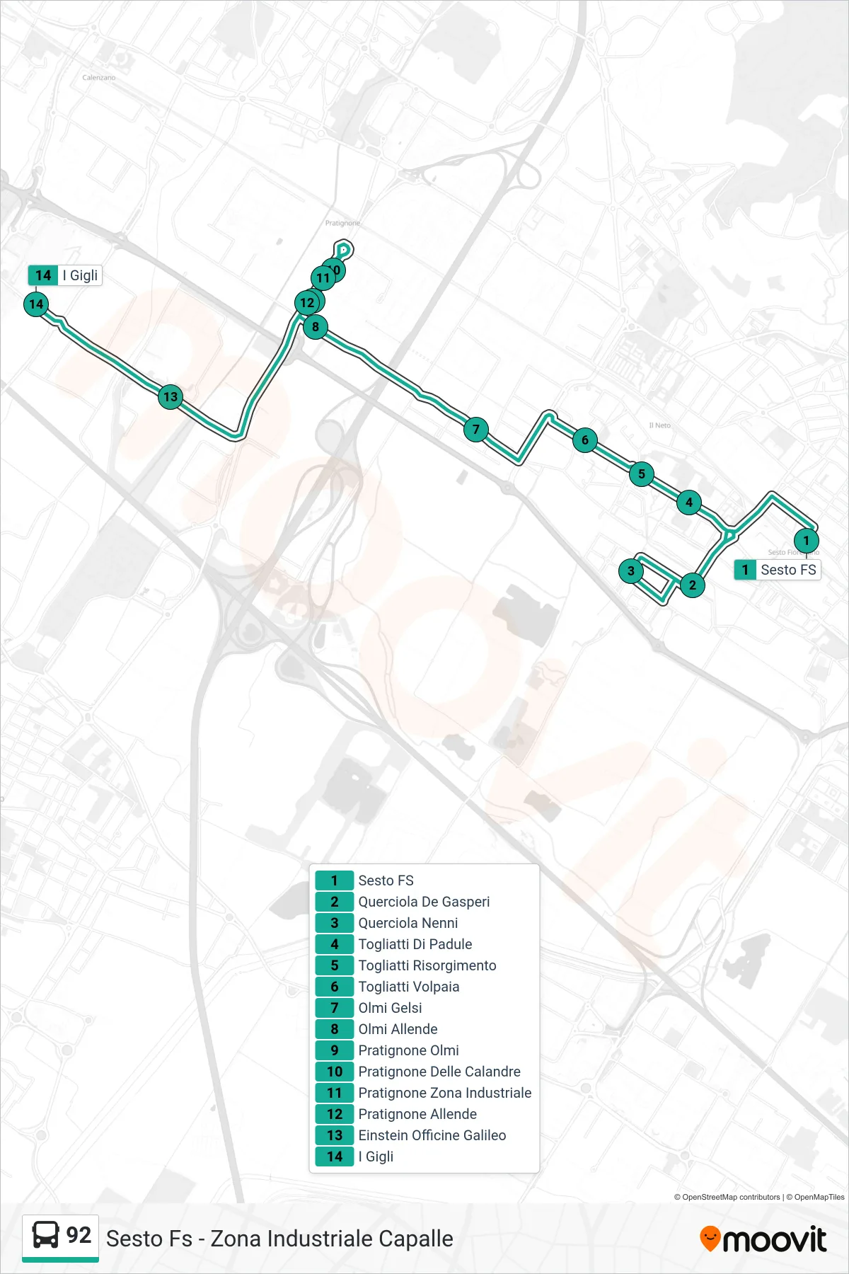 Linea 92 bus (I Gigli) - Percorsi e fermate sulla mappa