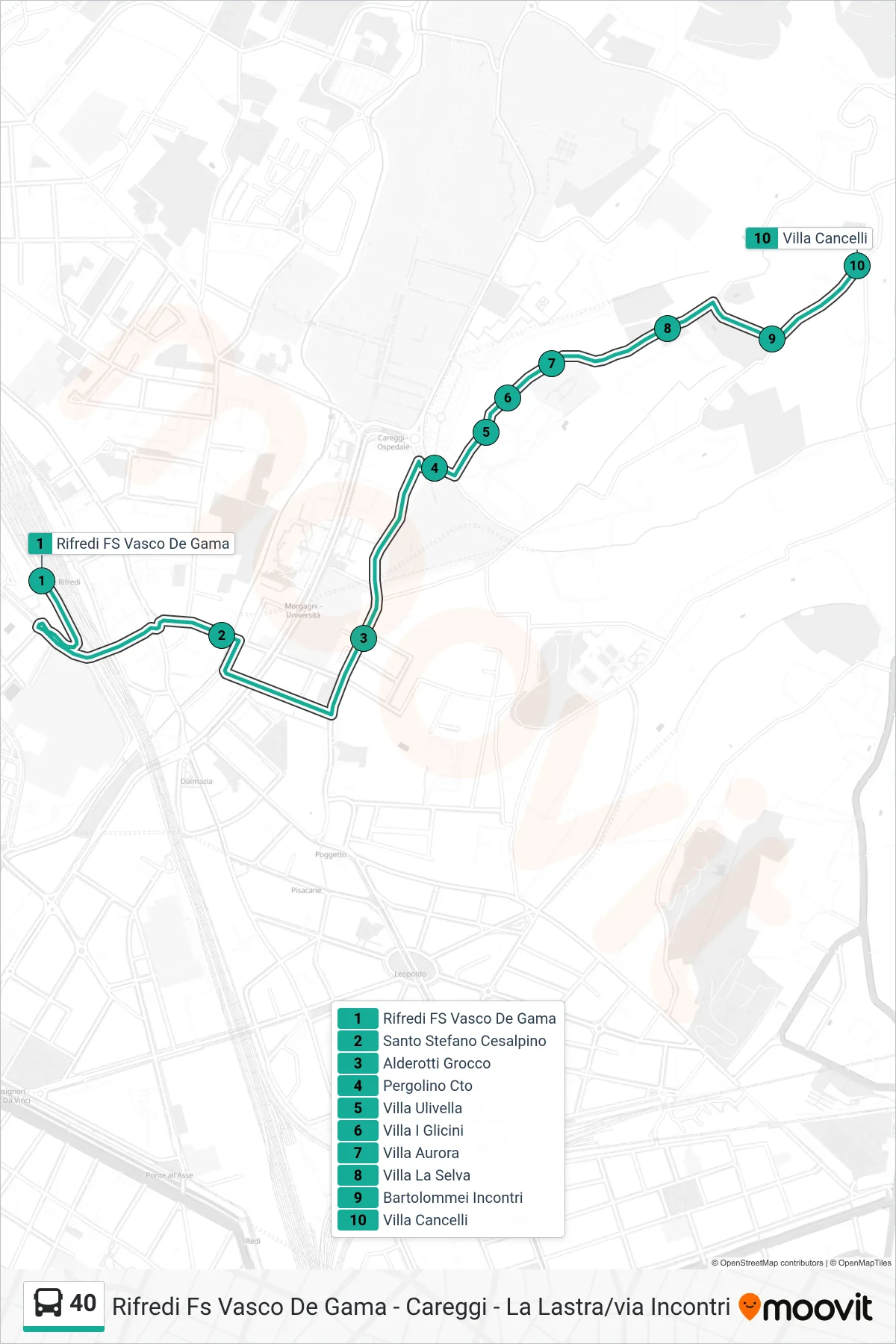 Linea 40  tram (Villa Cancelli) - Percorsi e fermate sulla mappa
