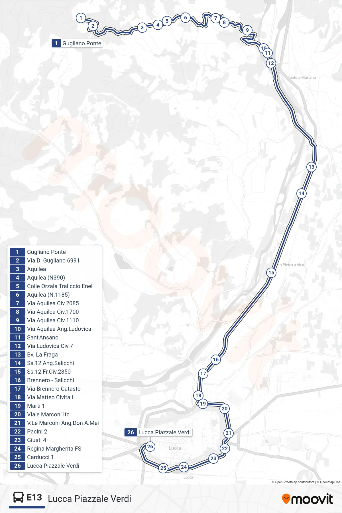Linea E13 bus (Lucca Piazzale Verdi) - Percorsi e fermate sulla mappa
