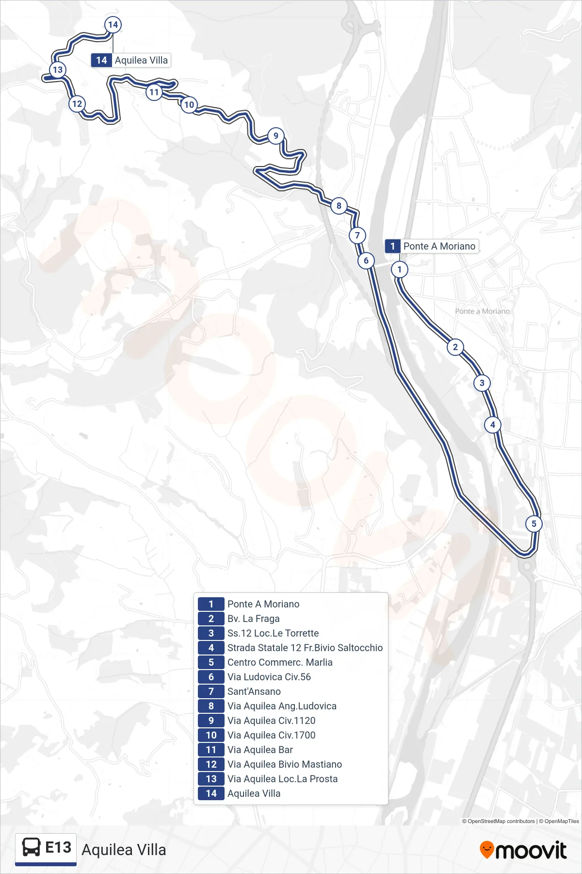 Linea E13 bus (Aquilea Villa) - Percorsi e fermate sulla mappa