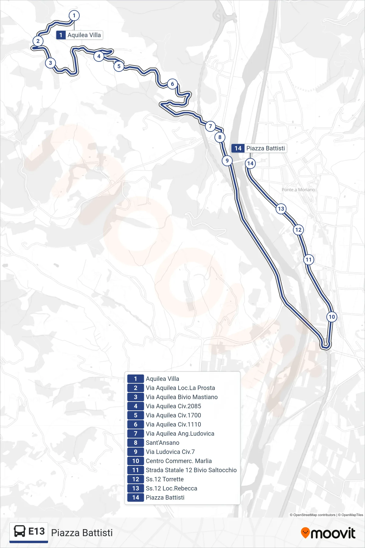 Linea E13 bus (Piazza Battisti) - Percorsi e fermate sulla mappa