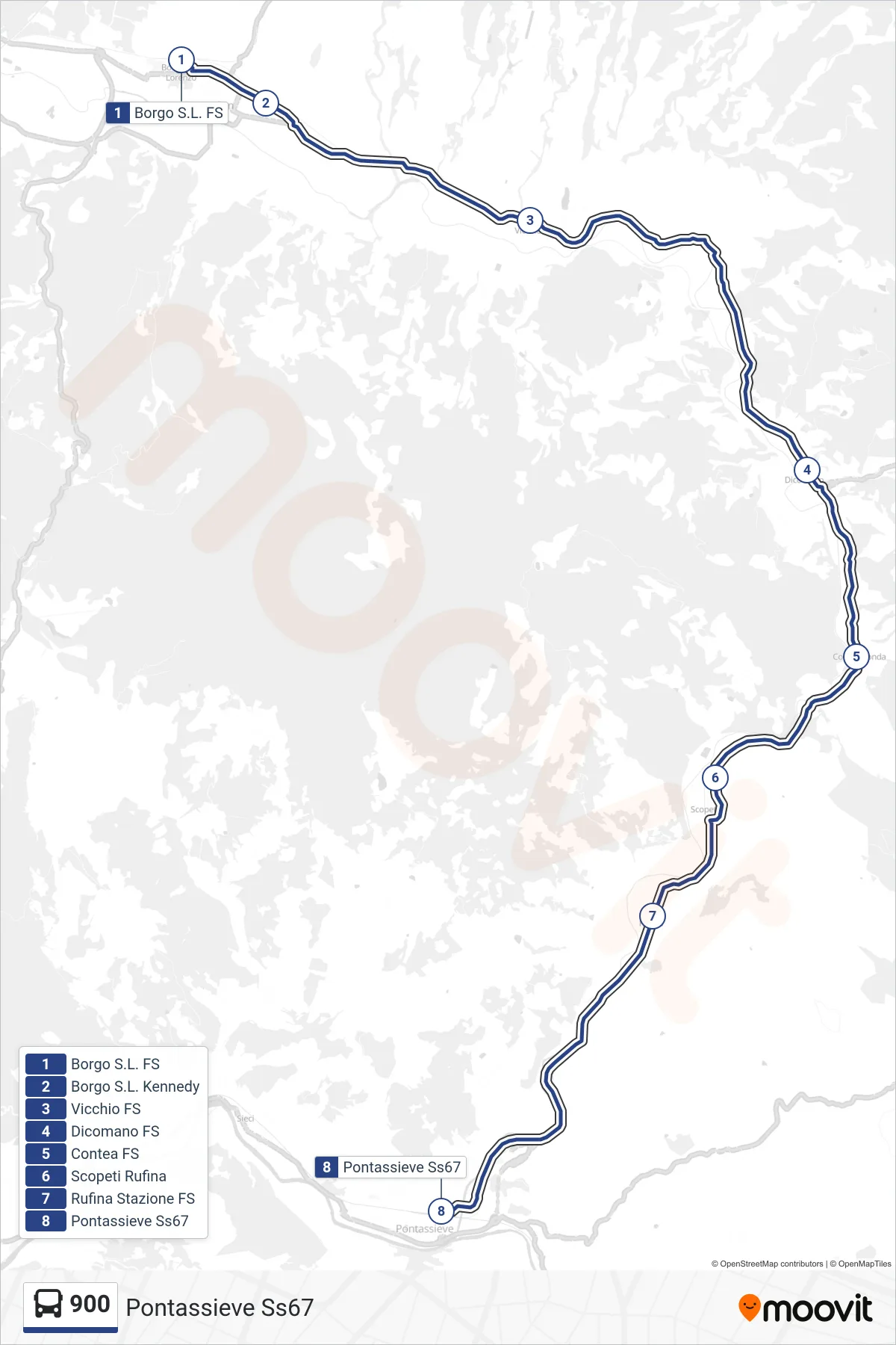 Linea 900 bus (Pontassieve Ss67) - Percorsi e fermate sulla mappa