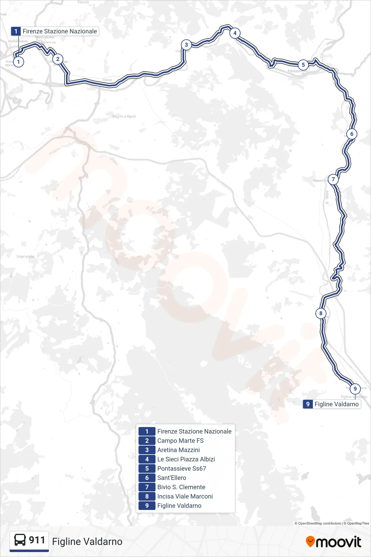 Linea 911 bus (Figline Valdarno) - Percorsi e fermate sulla mappa