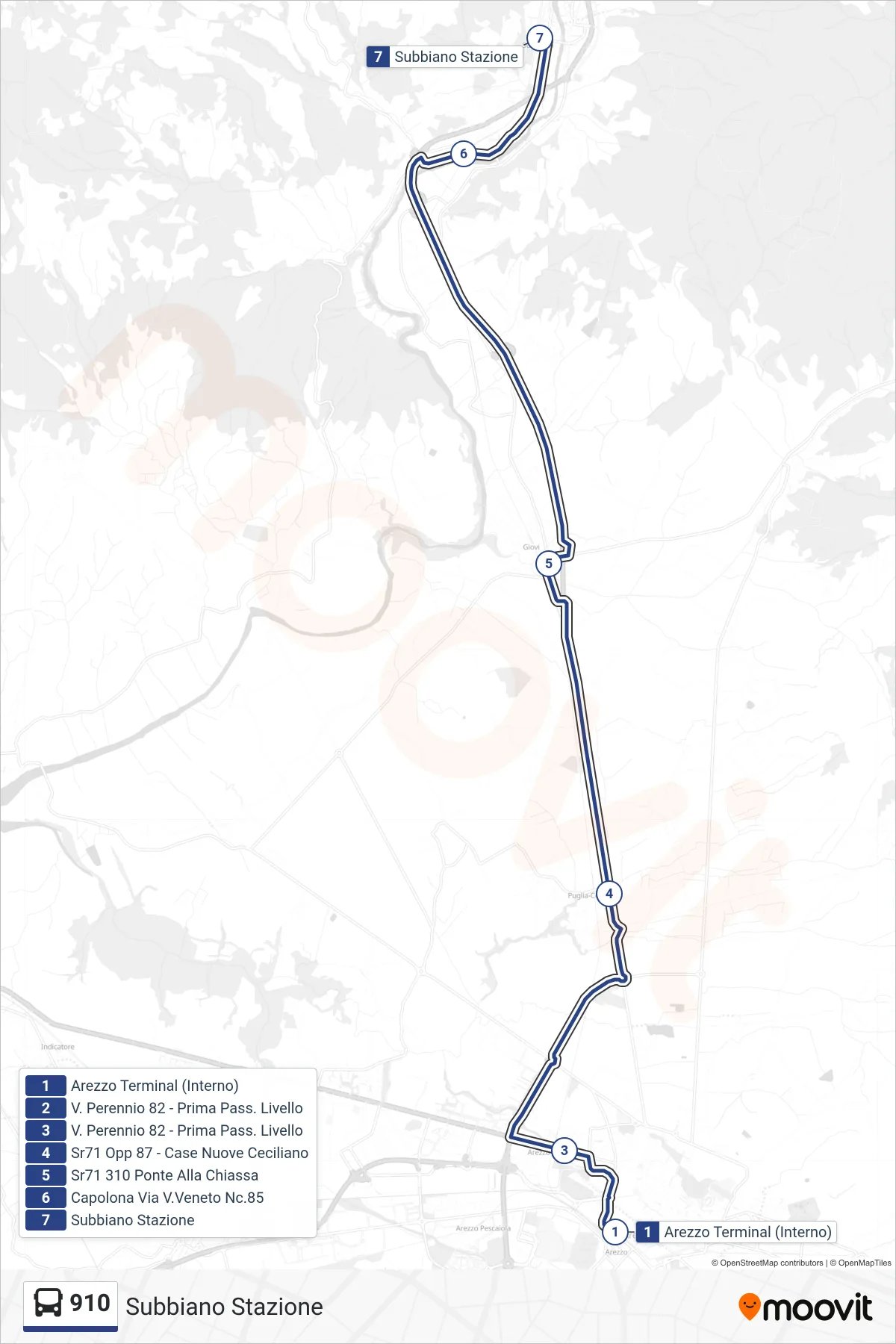 Linea 910 bus (Subbiano Stazione) - Percorsi e fermate sulla mappa
