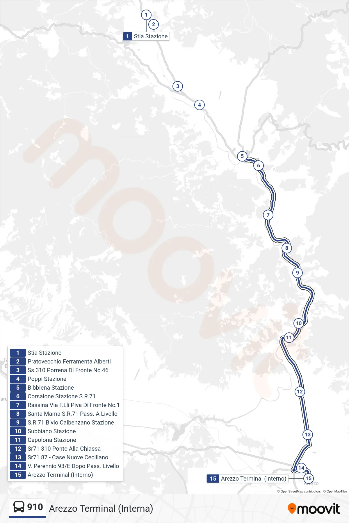 Linea 910  bus (Arezzo Terminal (Interna)) - Percorsi e fermate sulla mappa