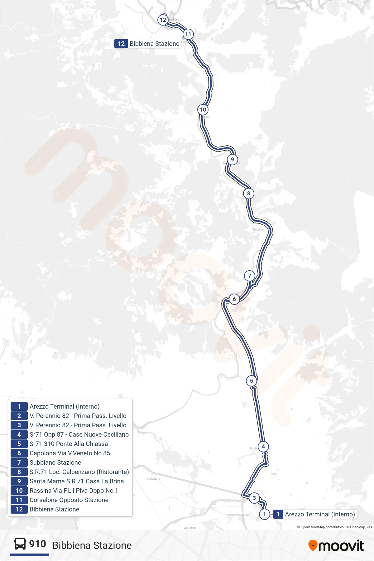 Linea 910 bus (Bibbiena Stazione) - Percorsi e fermate sulla mappa