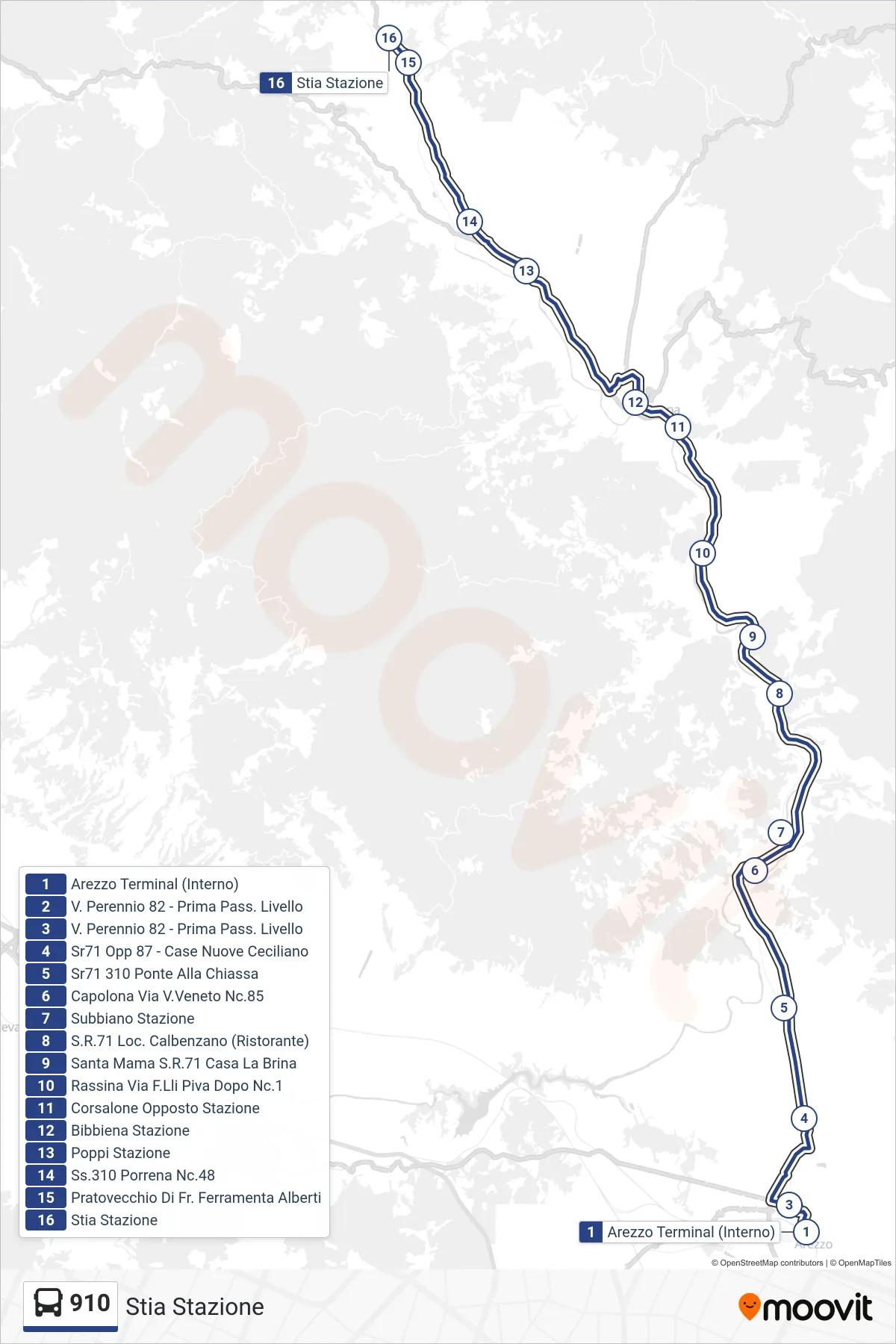 Linea 910 bus (Stia Stazione) - Percorsi e fermate sulla mappa