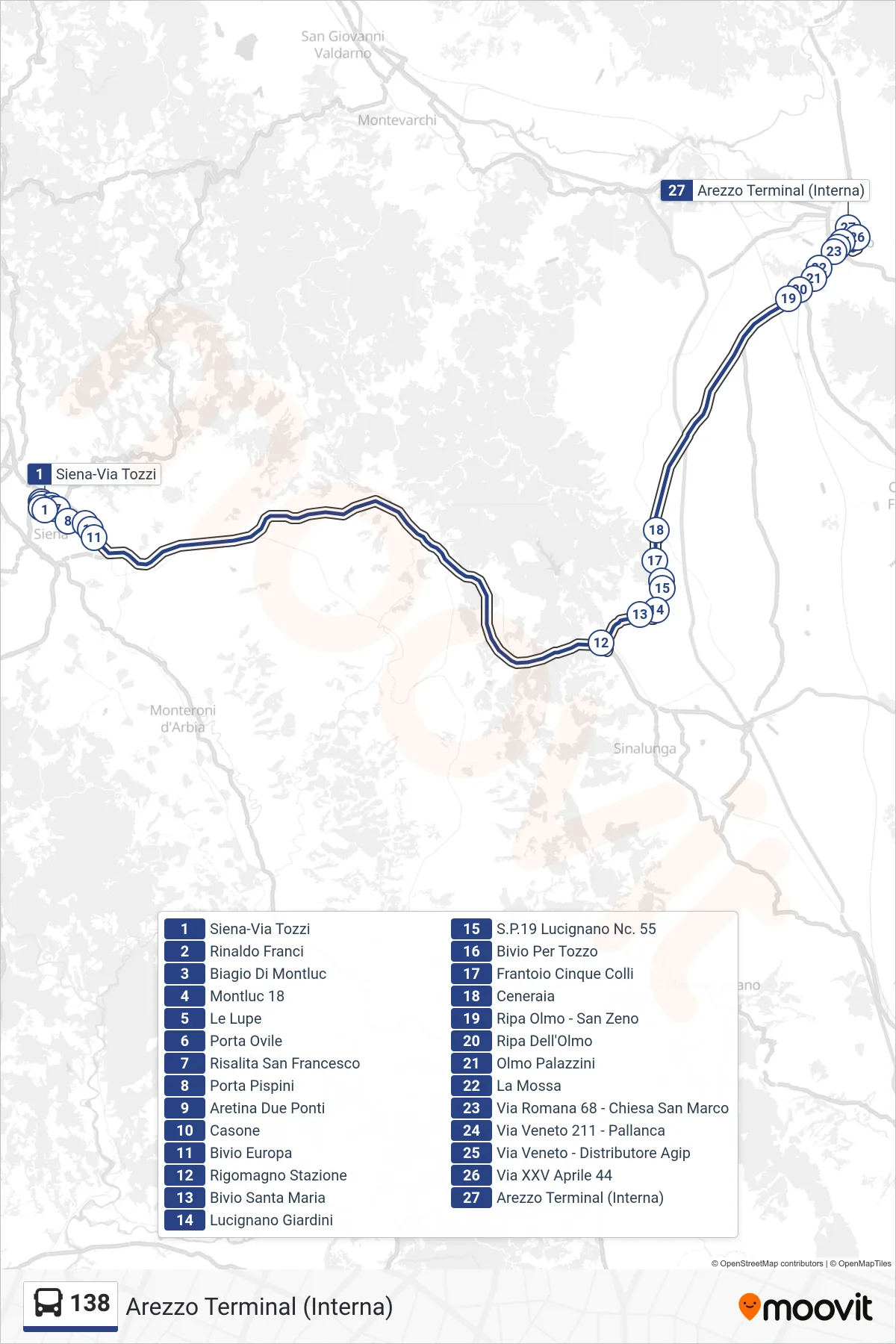 Linea 138 bus (Arezzo Terminal (Interna)) - Percorsi e fermate sulla mappa